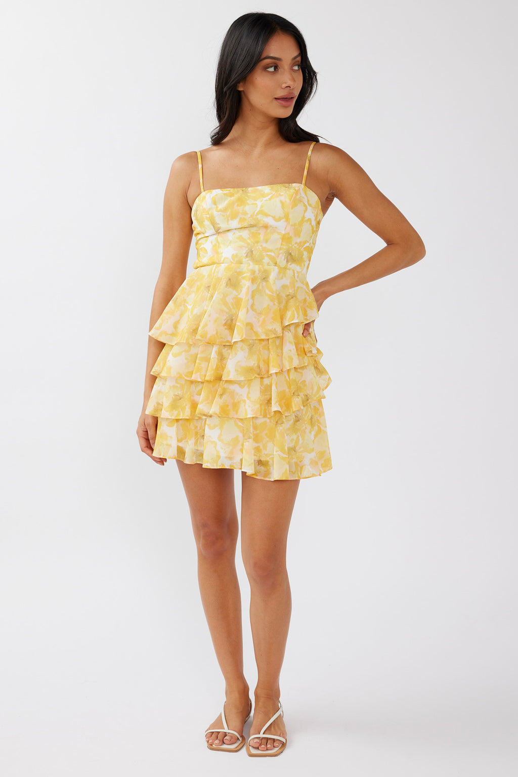 Lauran Tied Back Frill Dress Floral Yellow by Selfie Leslie Australia