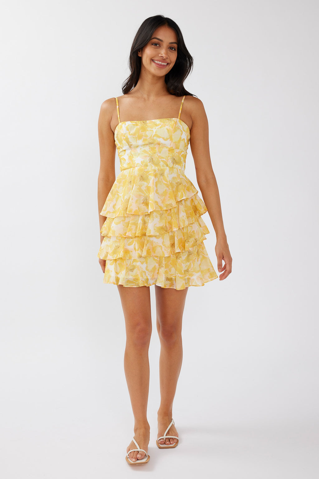 Lauran Tied Back Frill Dress Floral Yellow by Selfie Leslie Australia