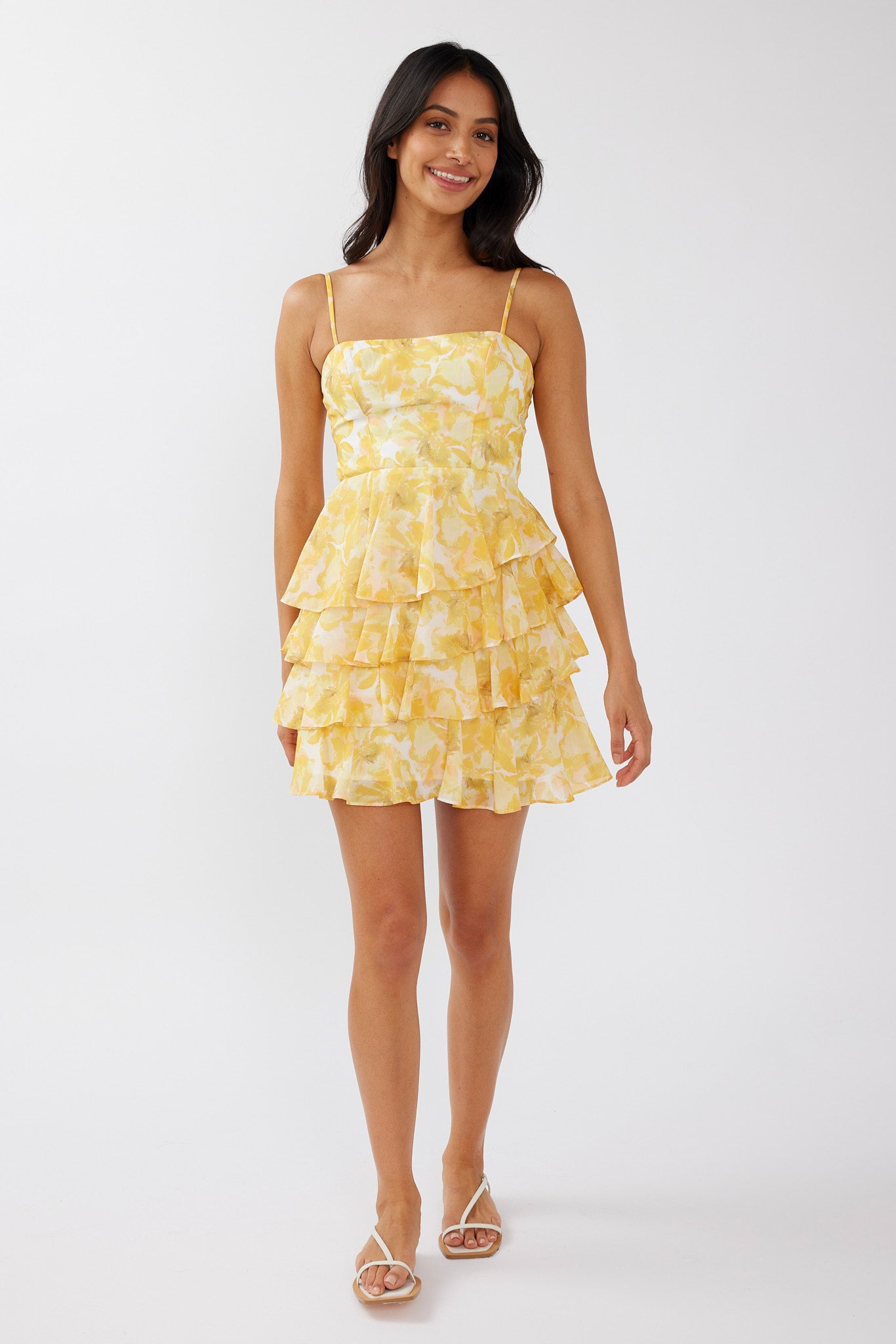 Lauran Tied Back Frill Dress Floral Yellow by Selfie Leslie Australia