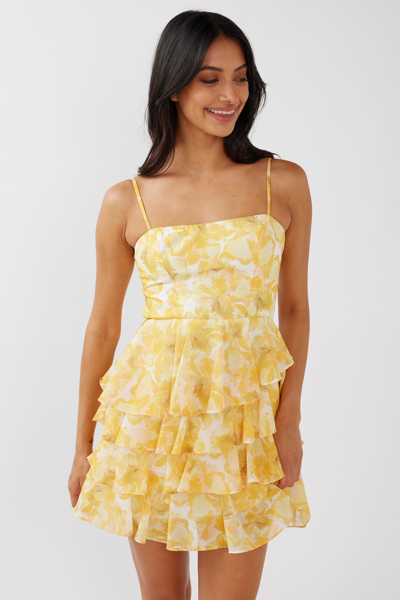 Lauran Tied Back Frill Dress Floral Yellow by Selfie Leslie Australia