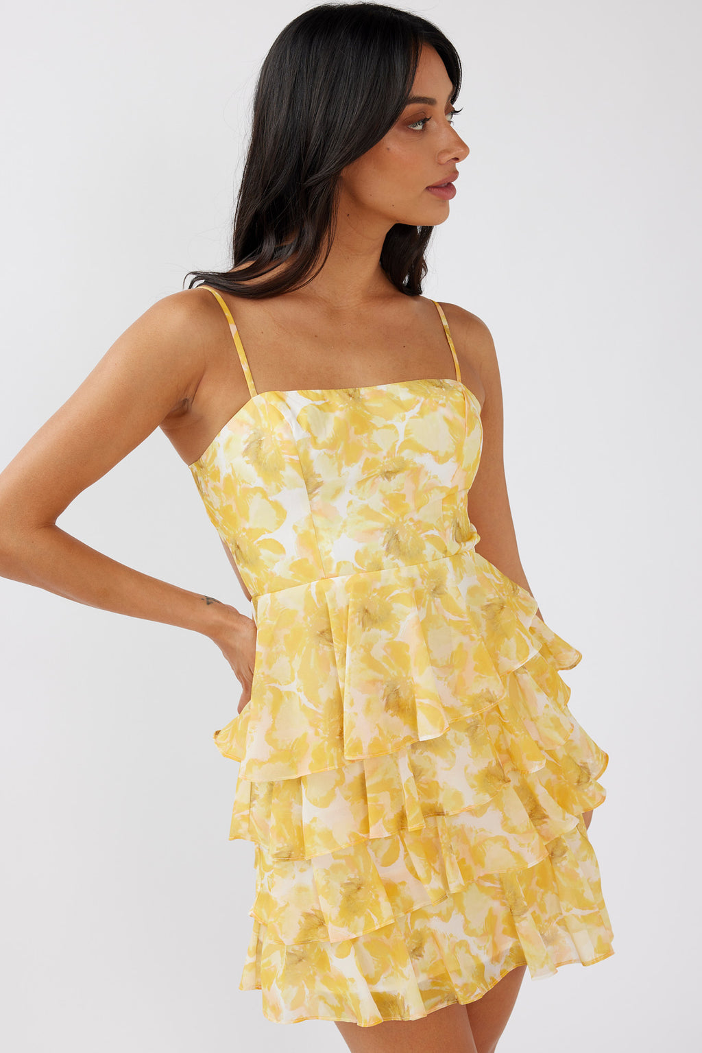 Lauran Tied Back Frill Dress Floral Yellow by Selfie Leslie Australia