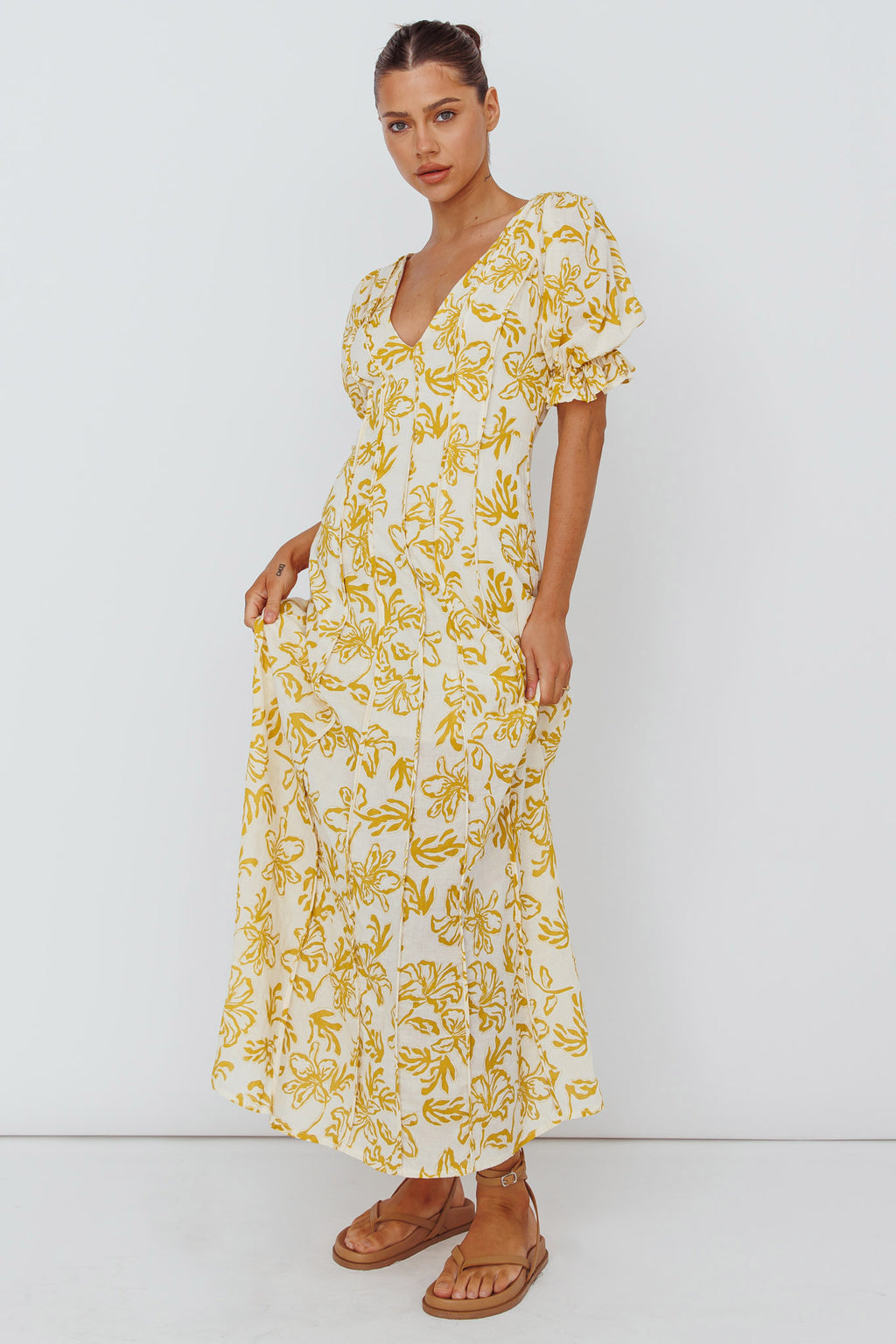 Sitting Pretty Pintuck Pleat Puff Sleeve Dress Yellow by Selfie Leslie Australia