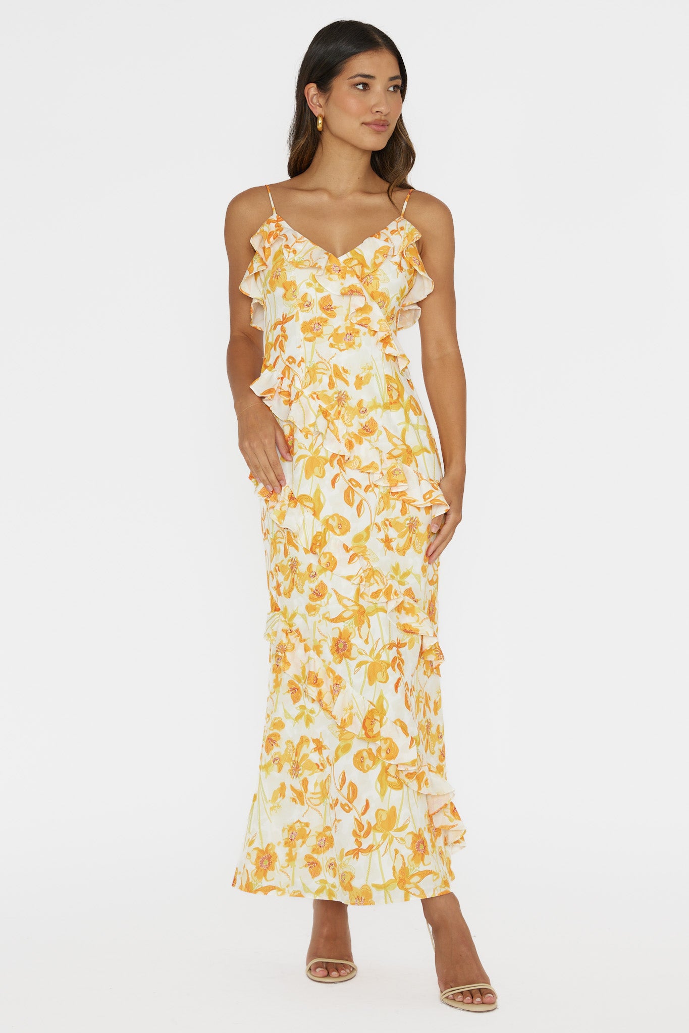 Silvana Frill Trim Midi Dress Floral Orange by Selfie Leslie Australia