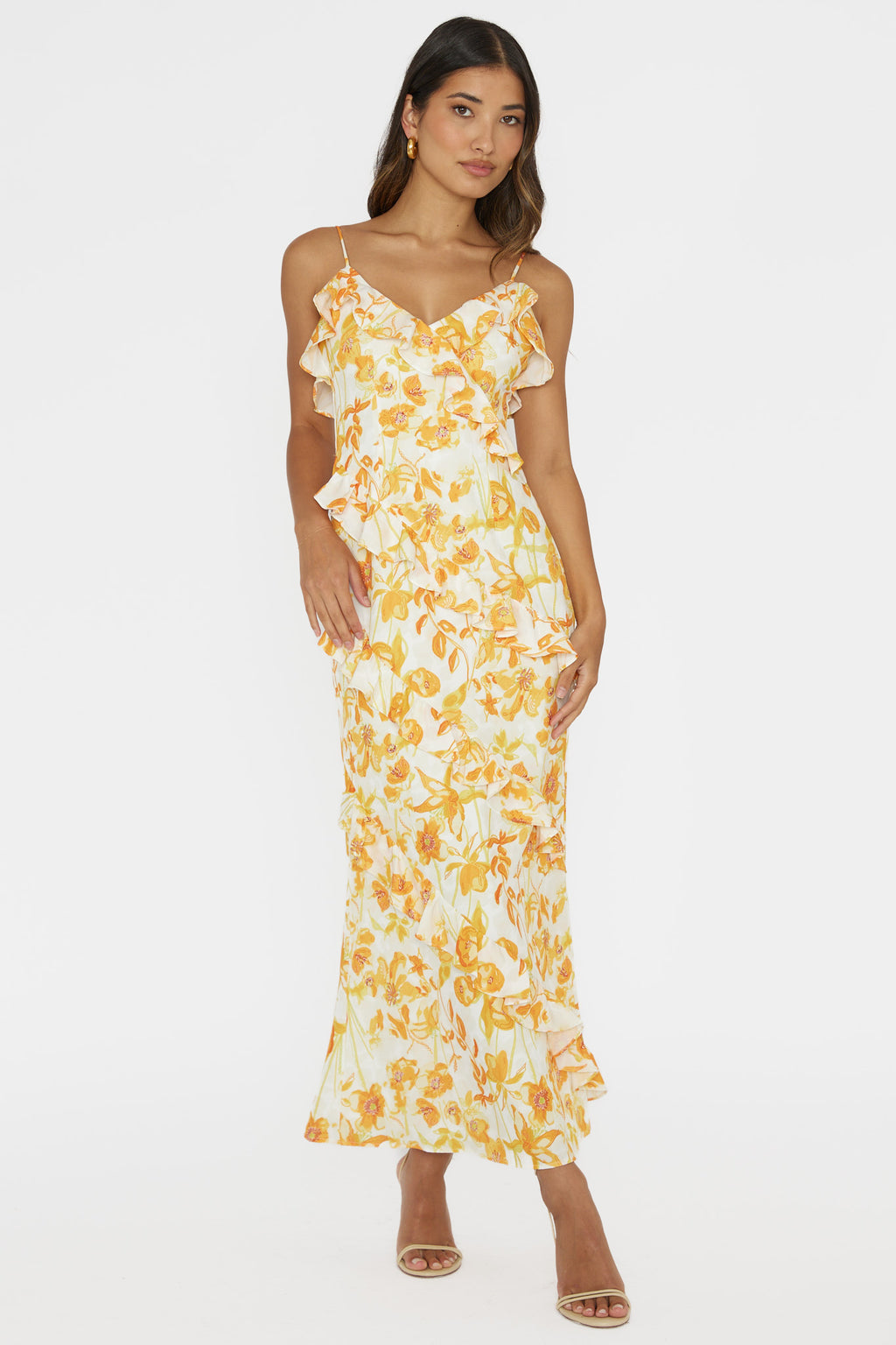 Silvana Frill Trim Midi Dress Floral Orange by Selfie Leslie Australia