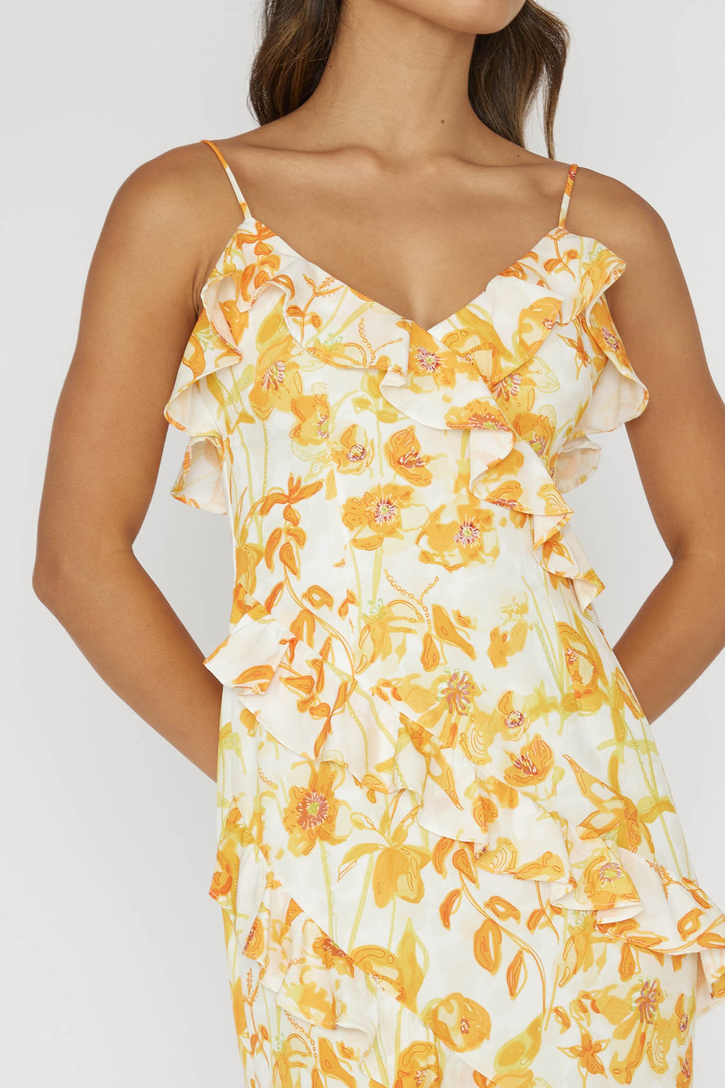 Silvana Frill Trim Midi Dress Floral Orange by Selfie Leslie Australia
