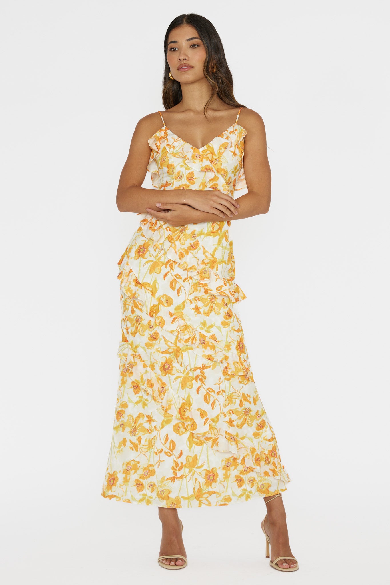 Silvana Frill Trim Midi Dress Floral Orange by Selfie Leslie Australia