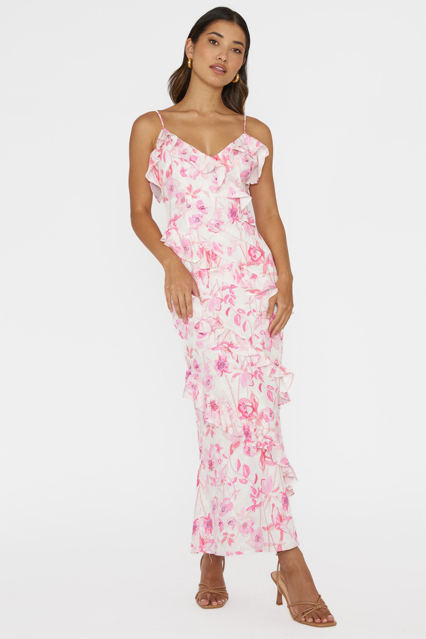Silvana Frill Trim Midi Dress Floral Pink by Selfie Leslie Australia