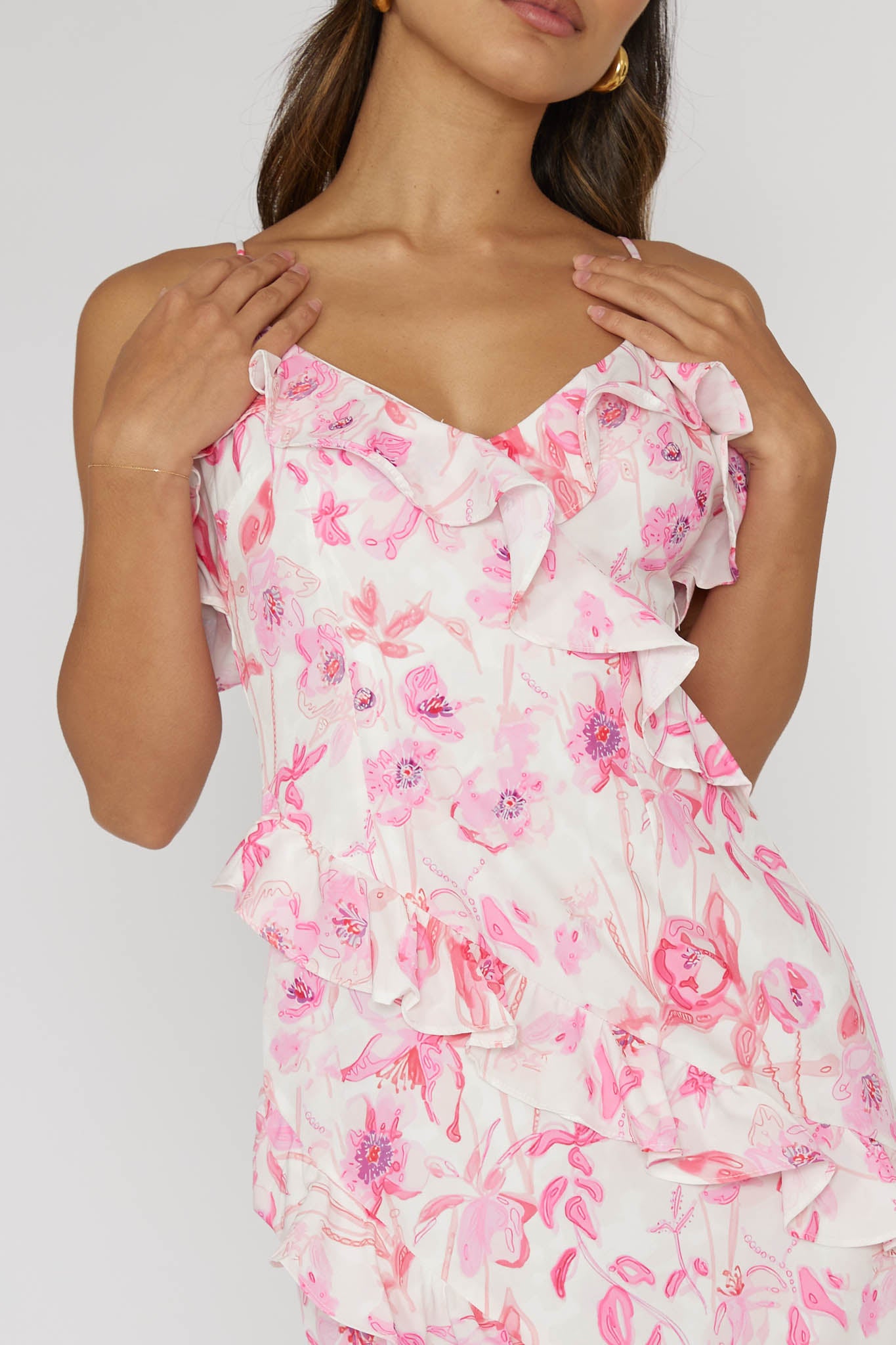 Silvana Frill Trim Midi Dress Floral Pink by Selfie Leslie Australia