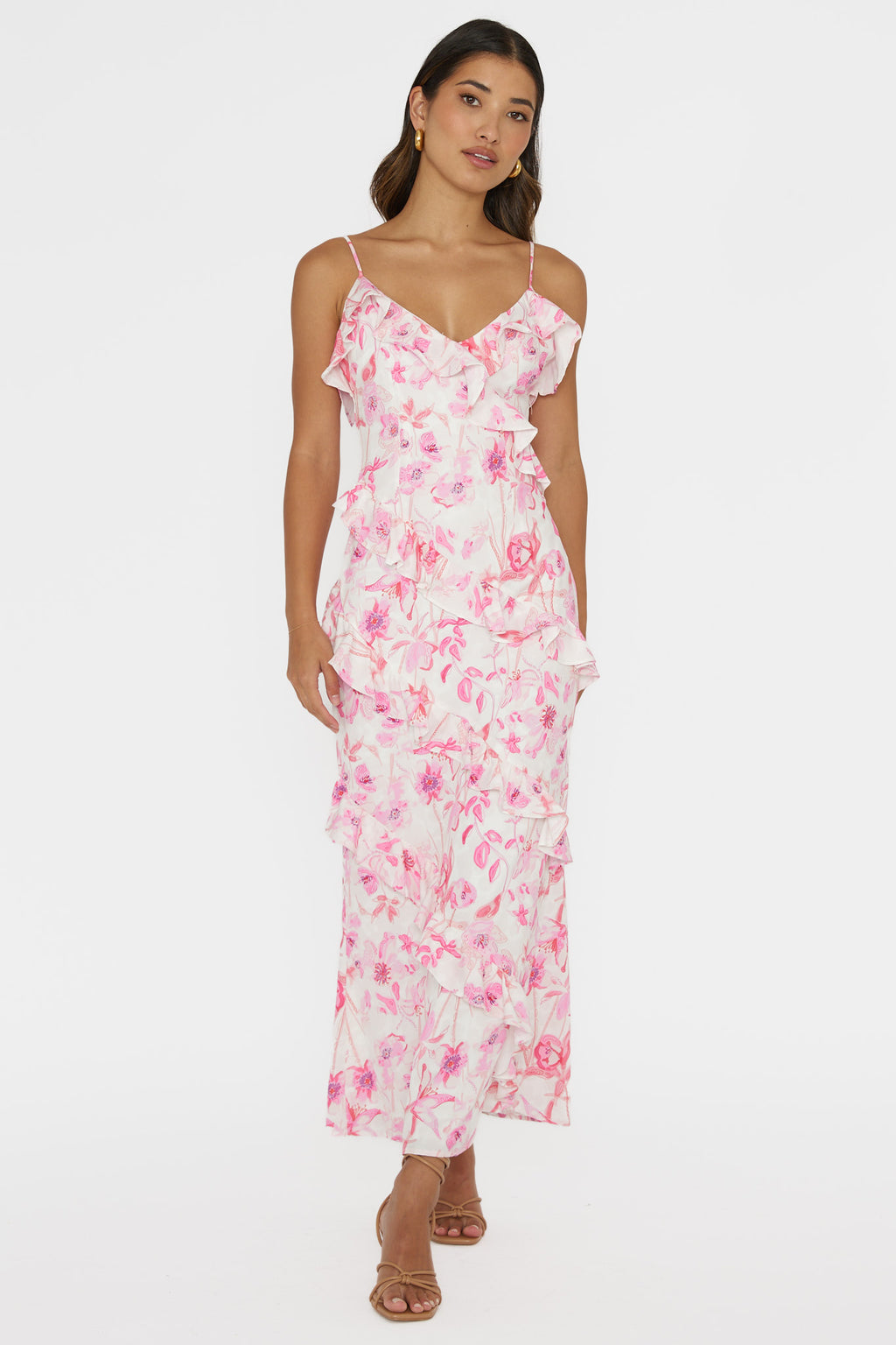 Silvana Frill Trim Midi Dress Floral Pink by Selfie Leslie Australia