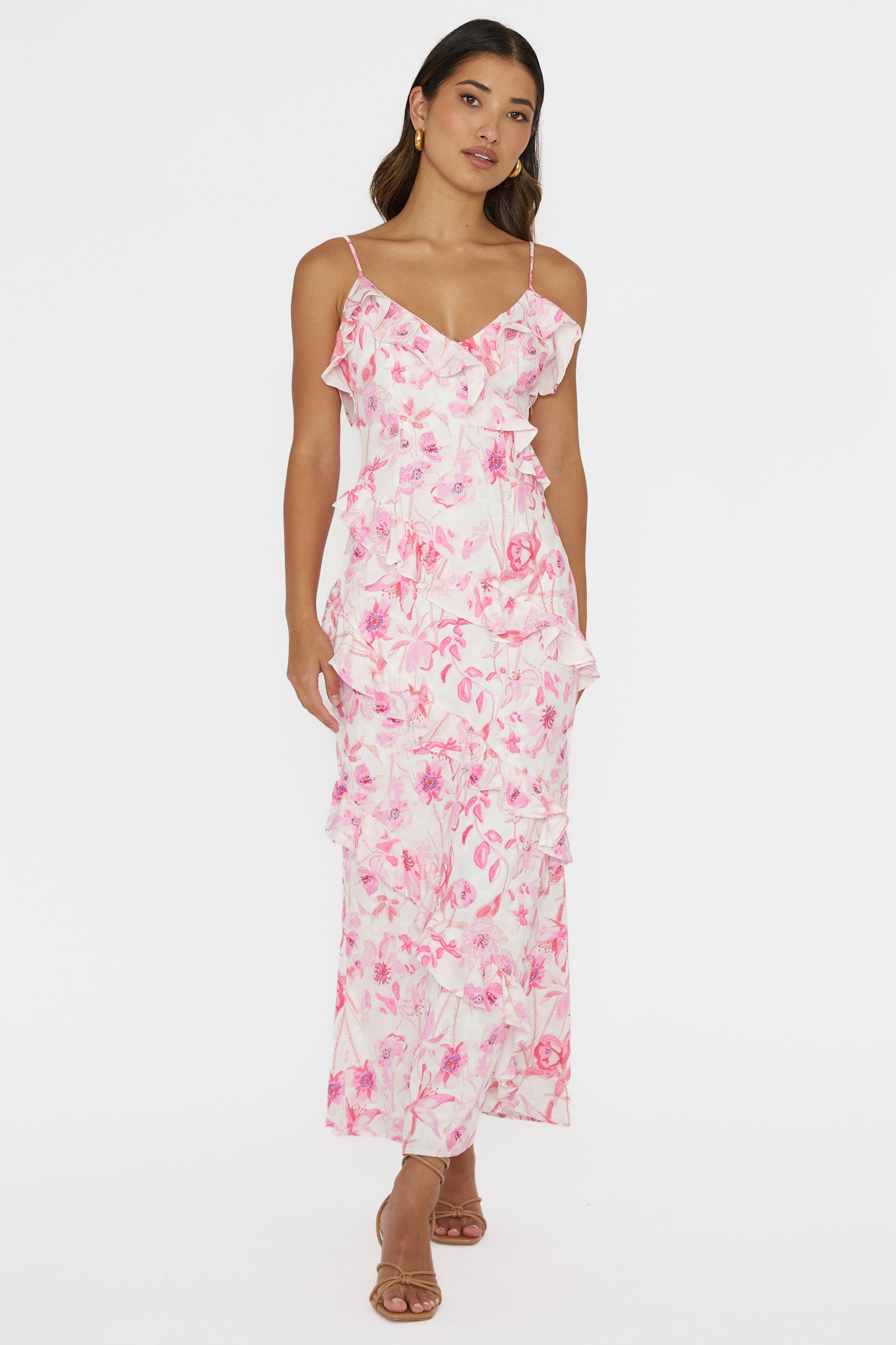 Silvana Frill Trim Midi Dress Floral Pink by Selfie Leslie Australia