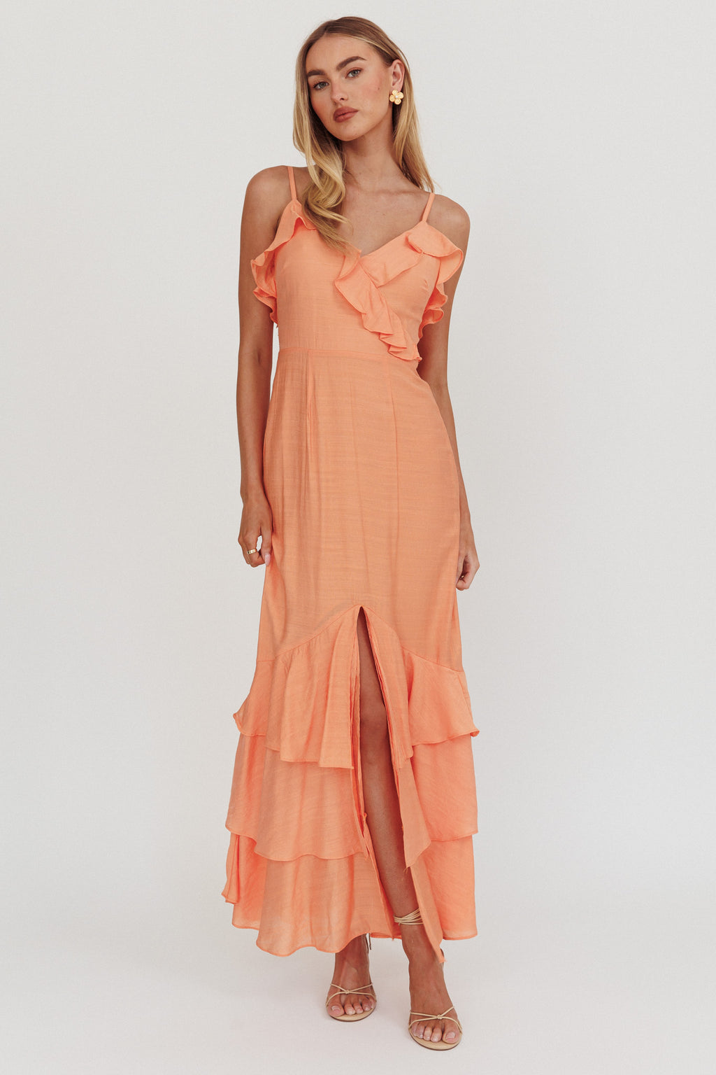 Silvana Frill Trim Split Maxi Dress Orange by Selfie Leslie Australia