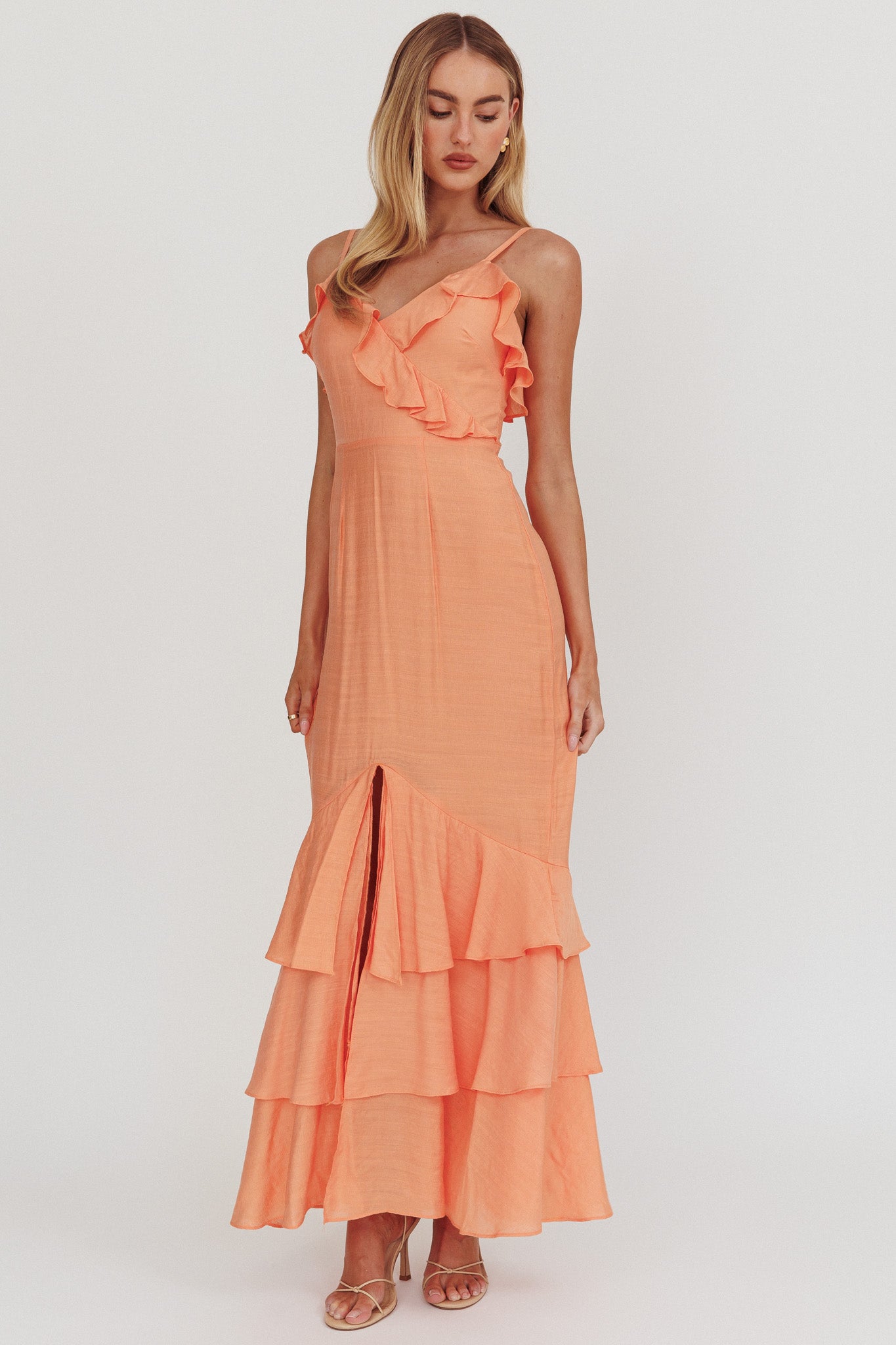 Silvana Frill Trim Split Maxi Dress Orange by Selfie Leslie Australia