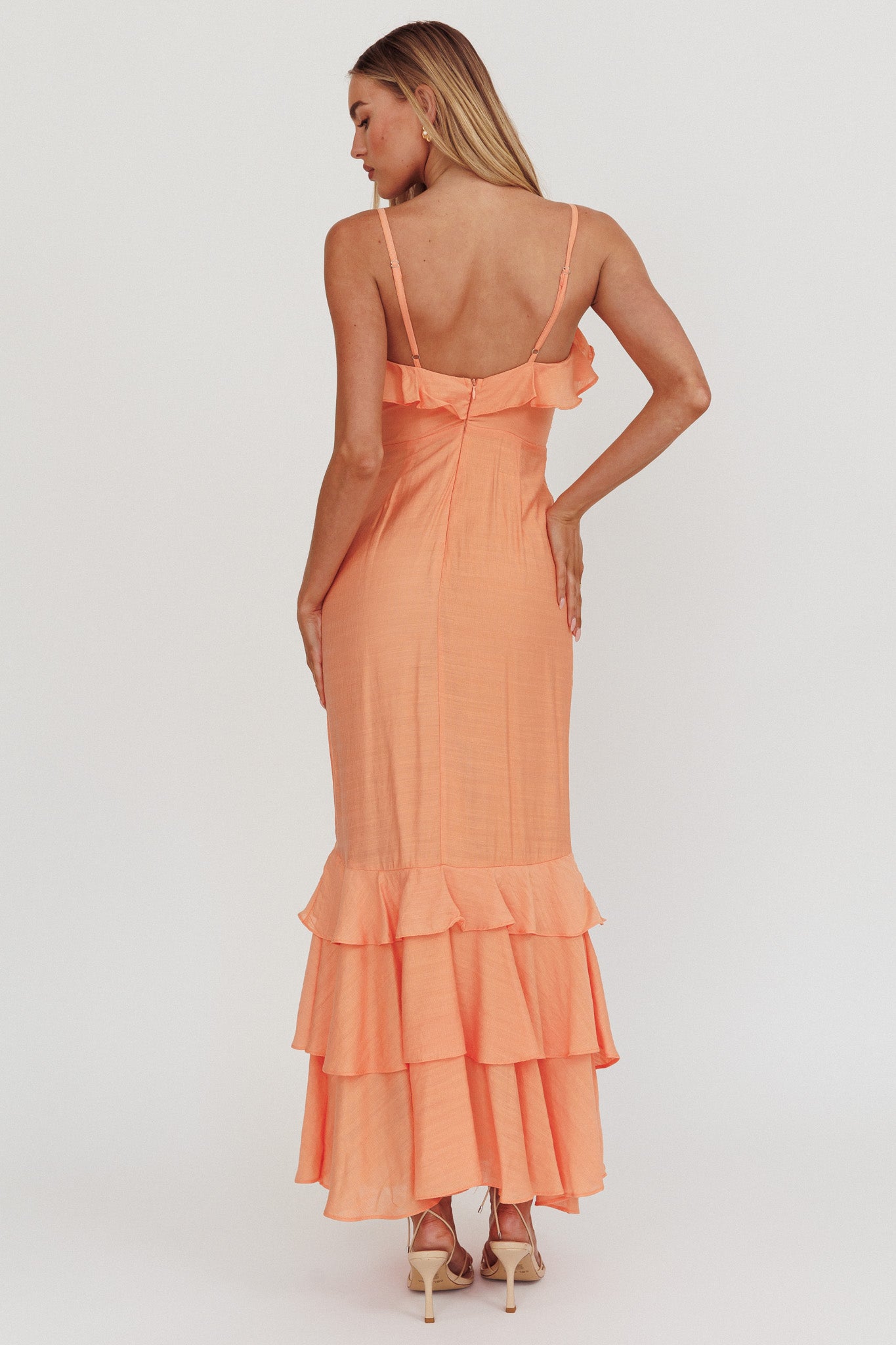 Silvana Frill Trim Split Maxi Dress Orange by Selfie Leslie Australia