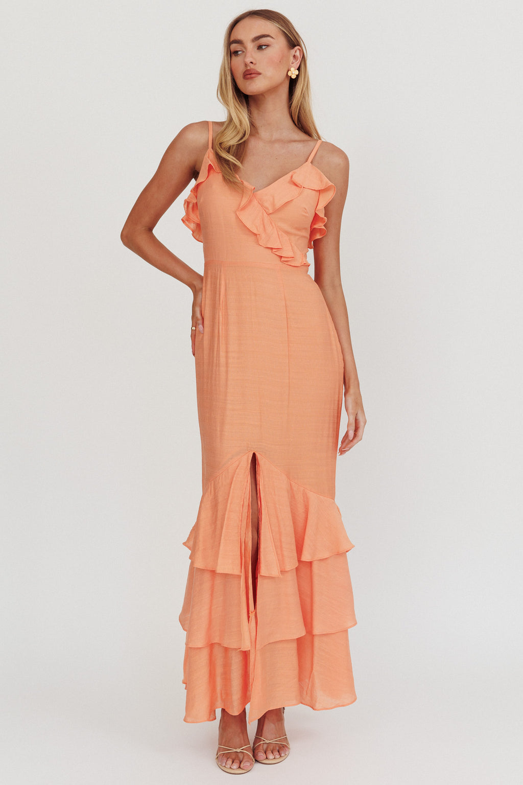 Silvana Frill Trim Split Maxi Dress Orange by Selfie Leslie Australia