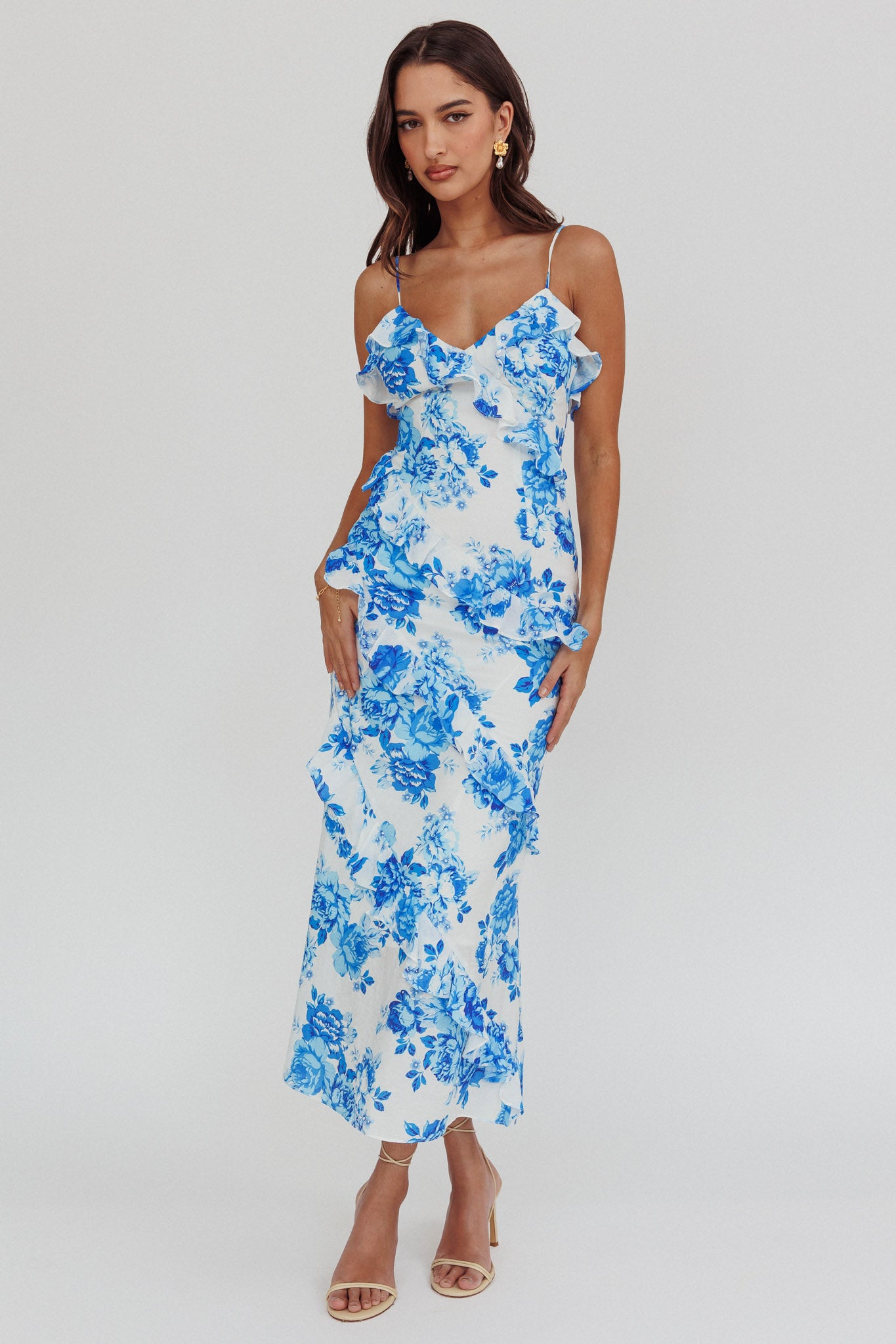 Silvana Frill Trim Maxi Dress Floral Blue by Selfie Leslie Australia