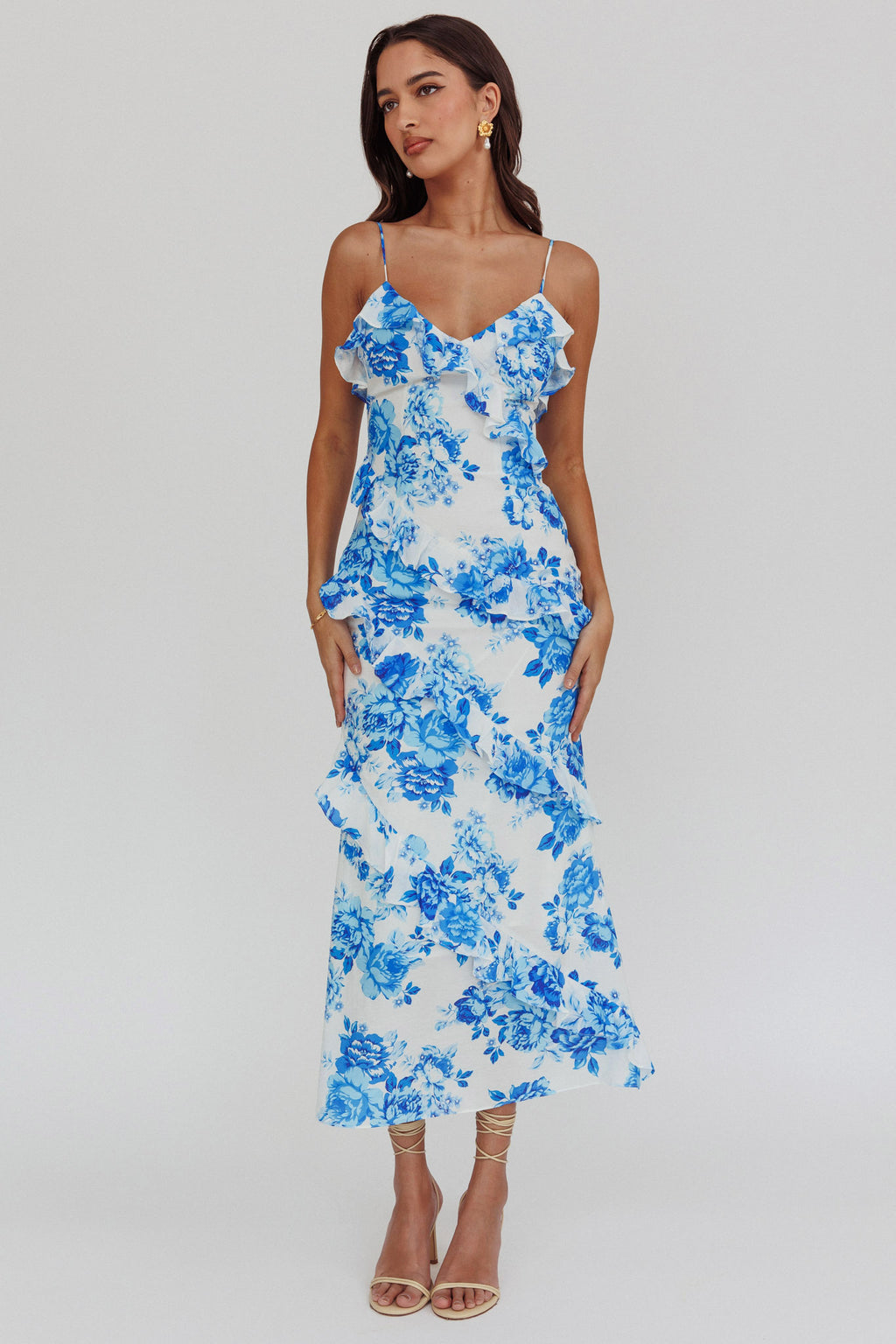 Silvana Frill Trim Maxi Dress Floral Blue by Selfie Leslie Australia