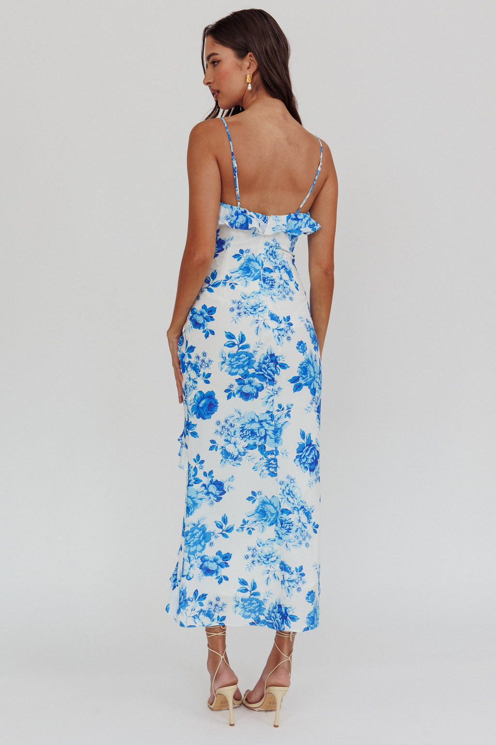 Silvana Frill Trim Maxi Dress Floral Blue by Selfie Leslie Australia