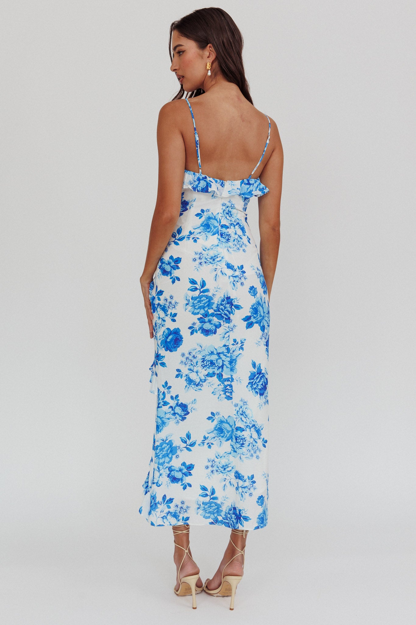 Silvana Frill Trim Maxi Dress Floral Blue by Selfie Leslie Australia