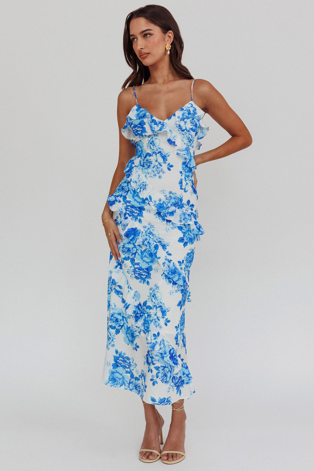 Silvana Frill Trim Maxi Dress Floral Blue by Selfie Leslie Australia