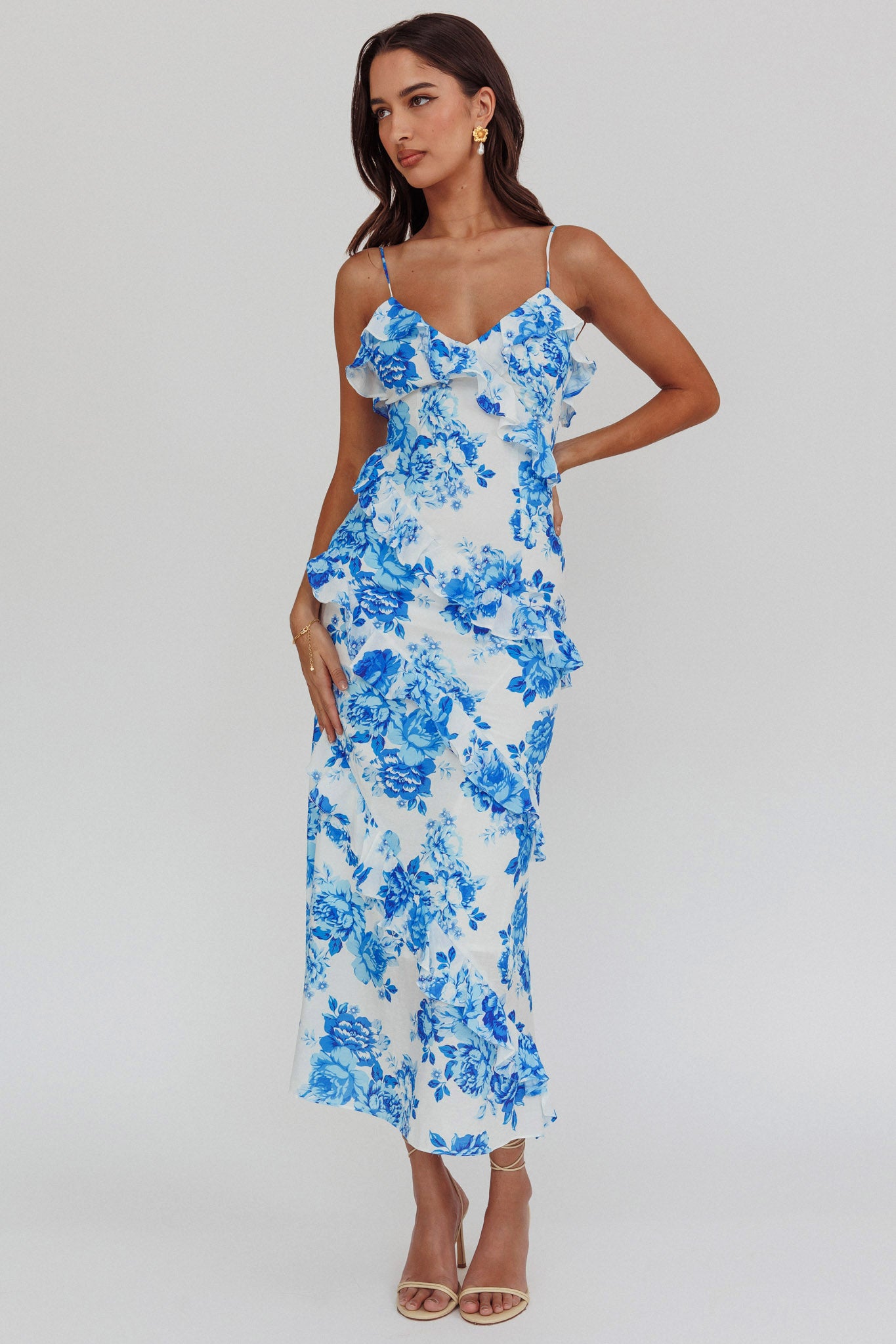 Silvana Frill Trim Maxi Dress Floral Blue by Selfie Leslie Australia