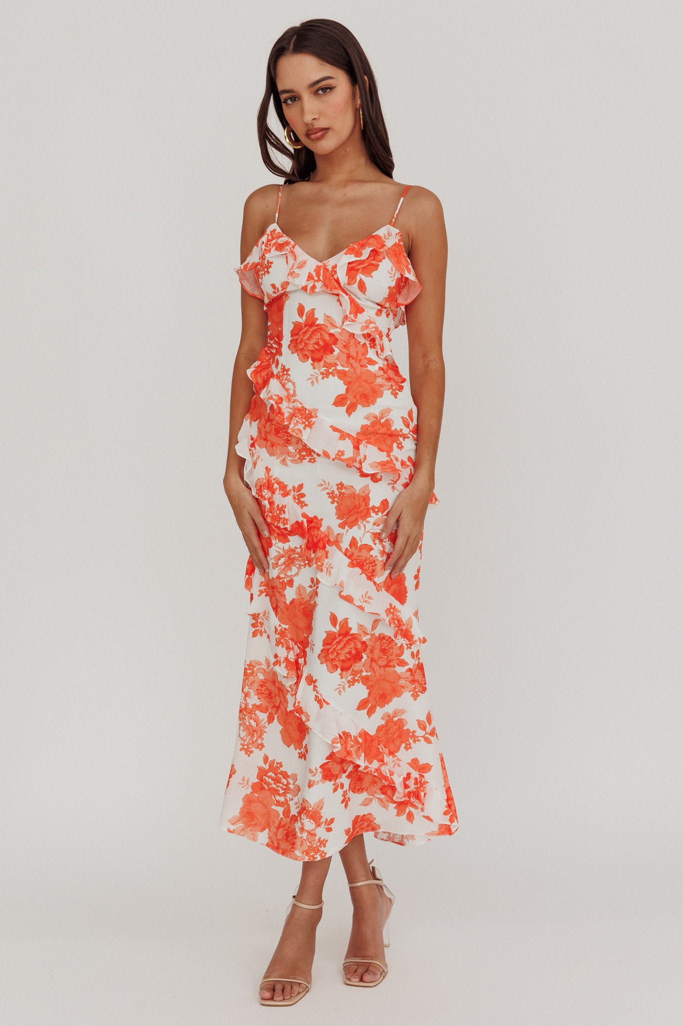 Silvana Frill Trim Maxi Dress Floral Orange by Selfie Leslie Australia