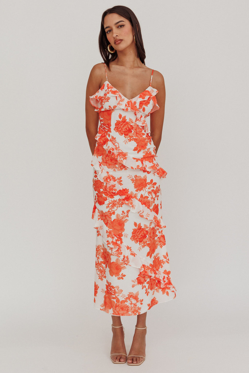 Silvana Frill Trim Maxi Dress Floral Orange by Selfie Leslie Australia