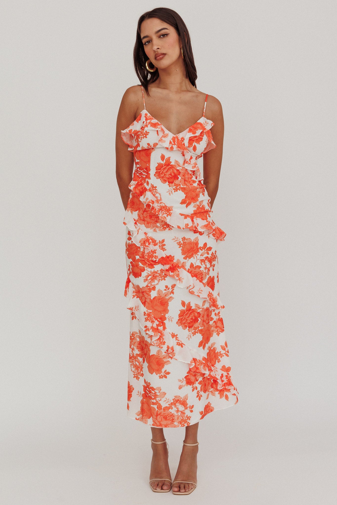 Silvana Frill Trim Maxi Dress Floral Orange by Selfie Leslie Australia