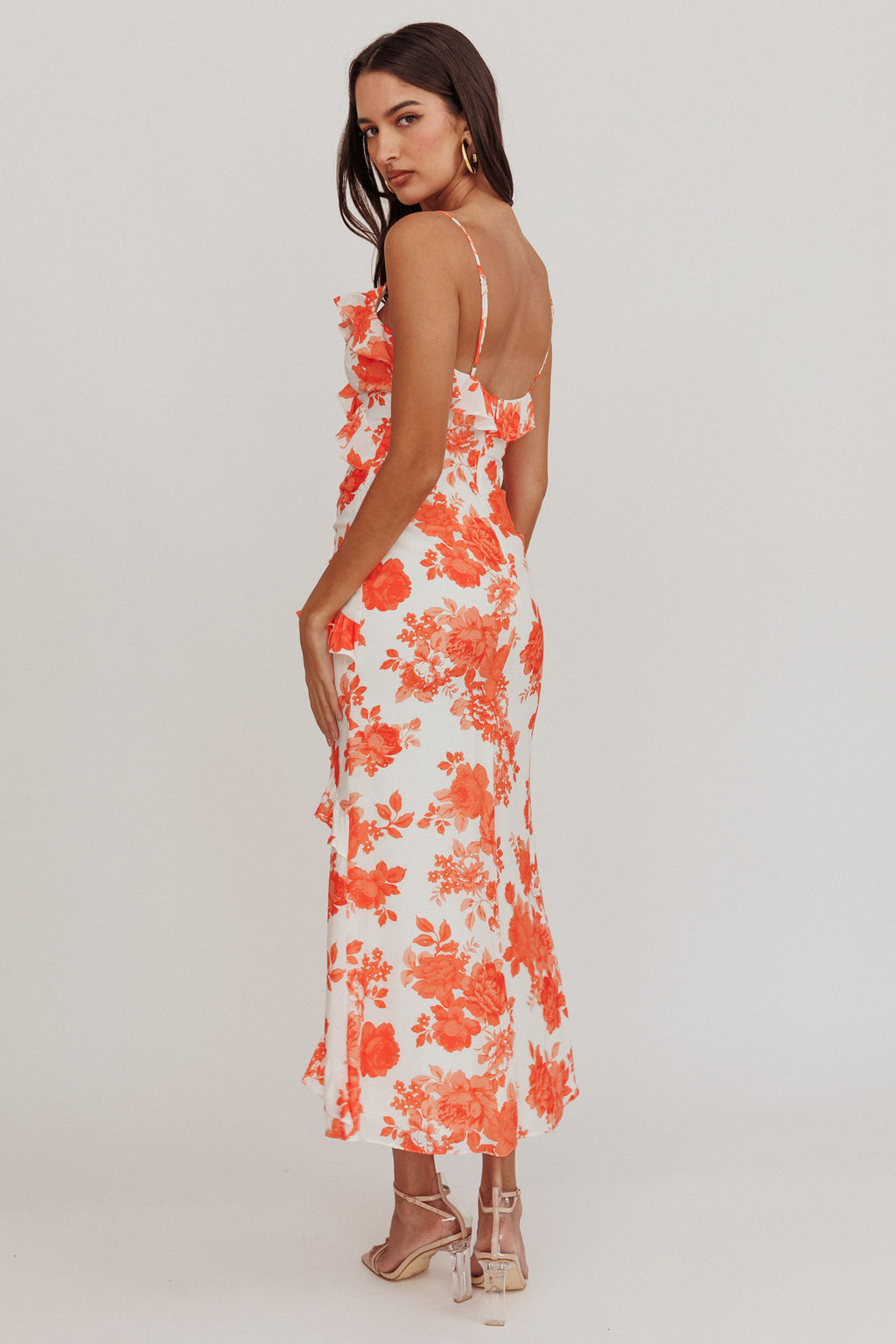 Silvana Frill Trim Maxi Dress Floral Orange by Selfie Leslie Australia