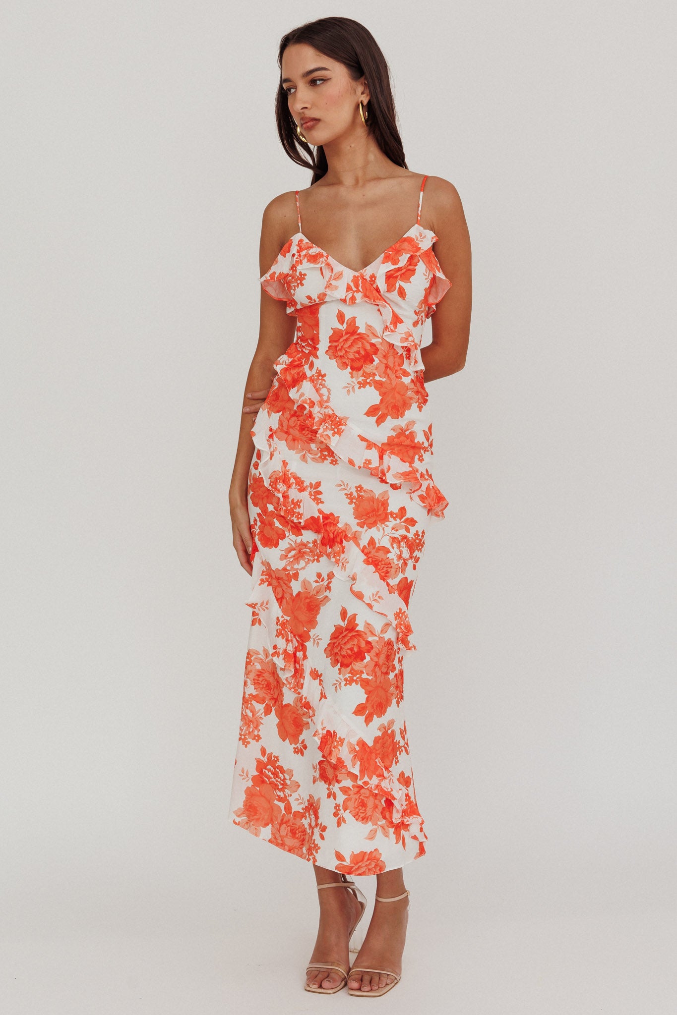 Silvana Frill Trim Maxi Dress Floral Orange by Selfie Leslie Australia