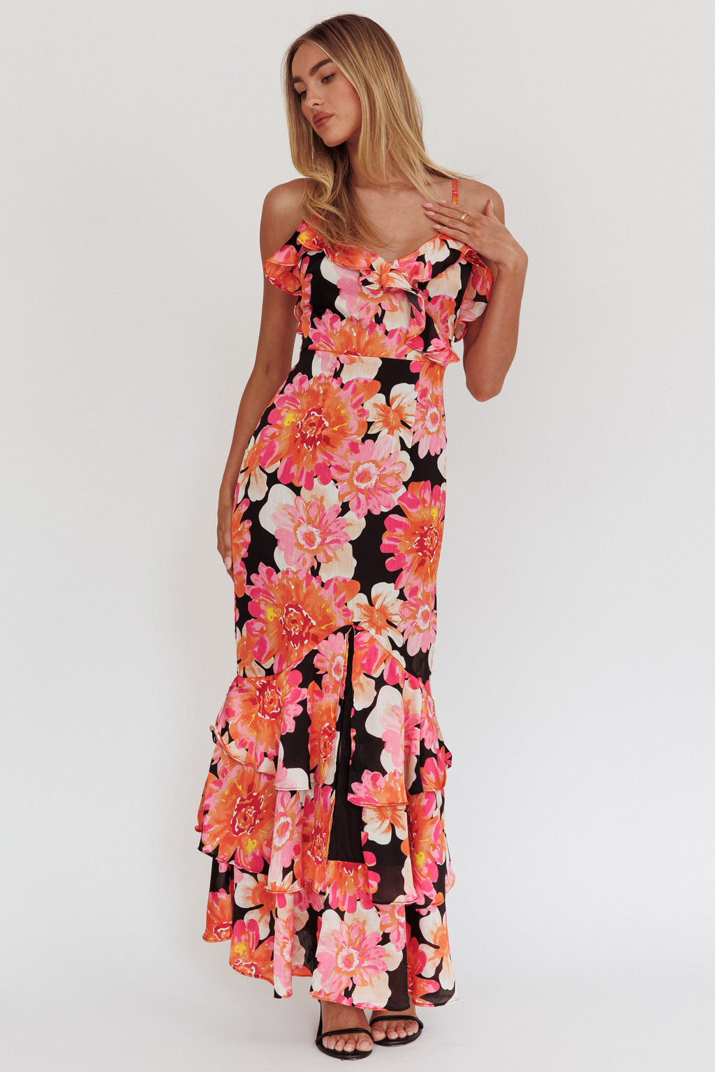 Silvana Frill Trim Maxi Dress Black/Pink by Selfie Leslie Australia