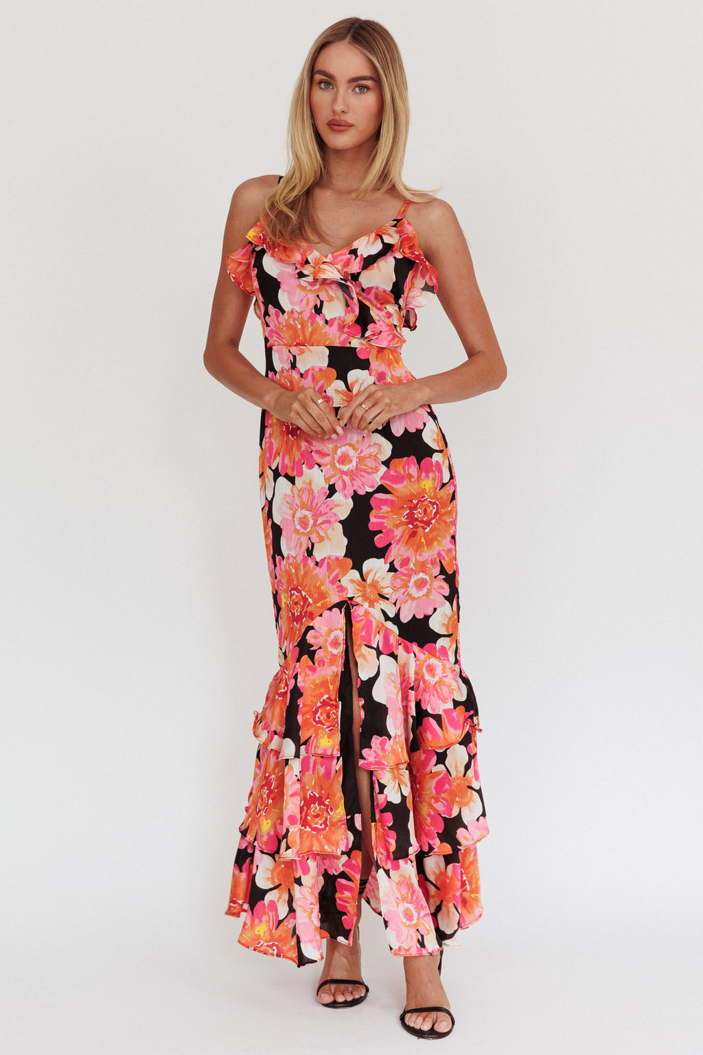 Silvana Frill Trim Maxi Dress Black/Pink by Selfie Leslie Australia