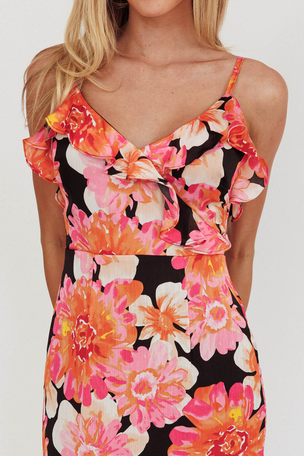 Silvana Frill Trim Maxi Dress Black/Pink by Selfie Leslie Australia