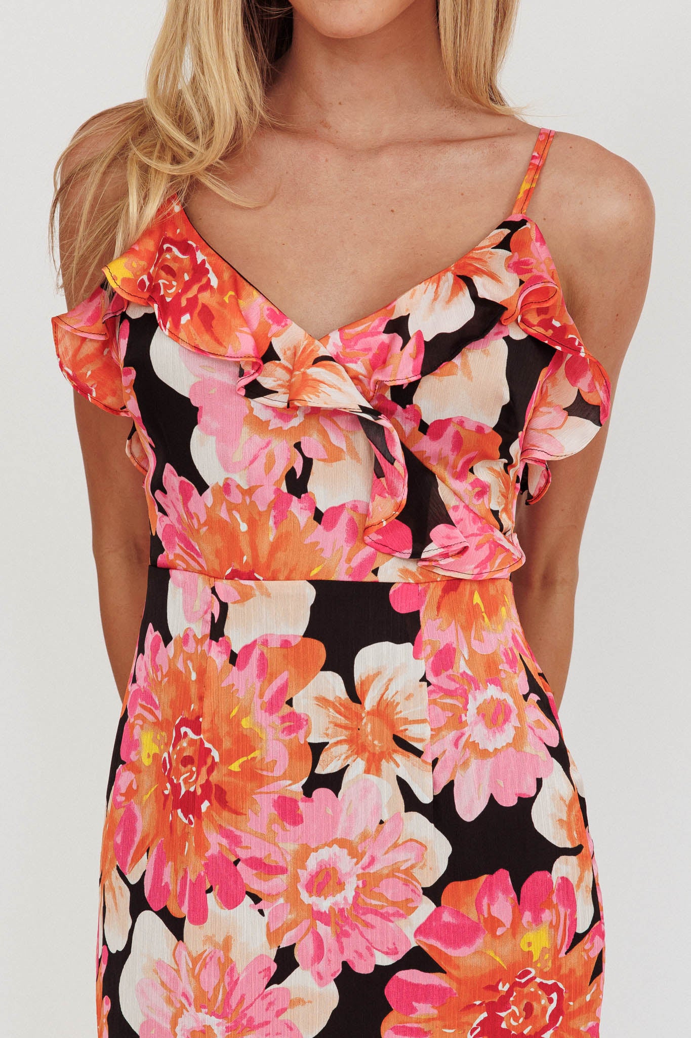 Silvana Frill Trim Maxi Dress Black/Pink by Selfie Leslie Australia