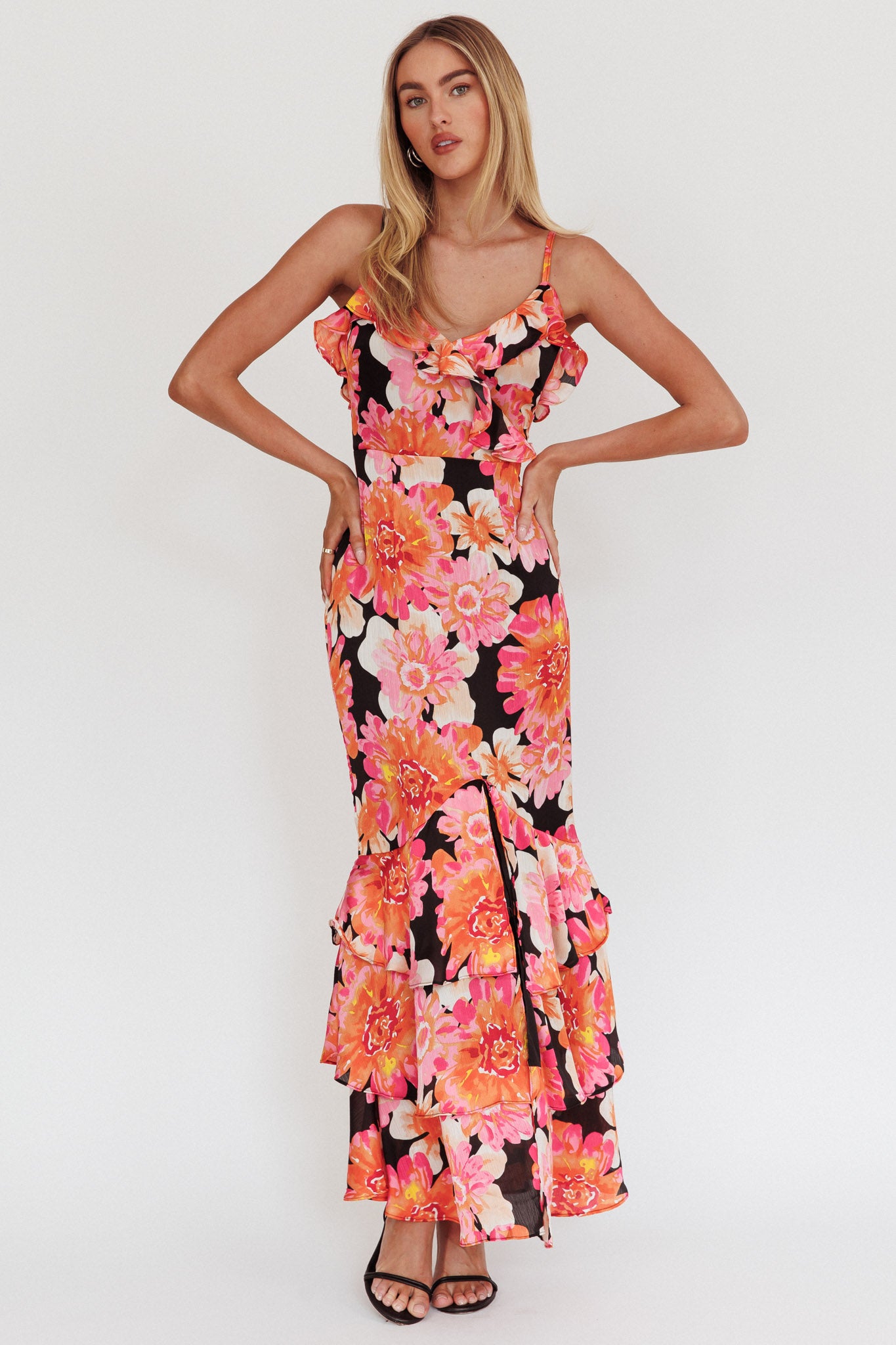 Silvana Frill Trim Maxi Dress Black/Pink by Selfie Leslie Australia
