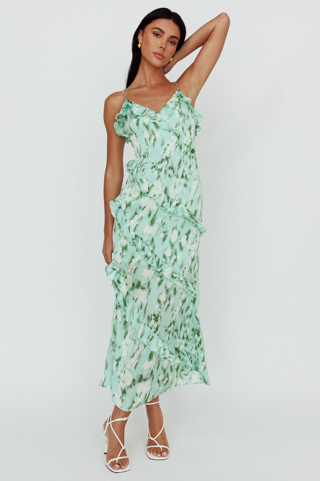 Silvana Frill Trim Midi Dress Print Green by Selfie Leslie Australia
