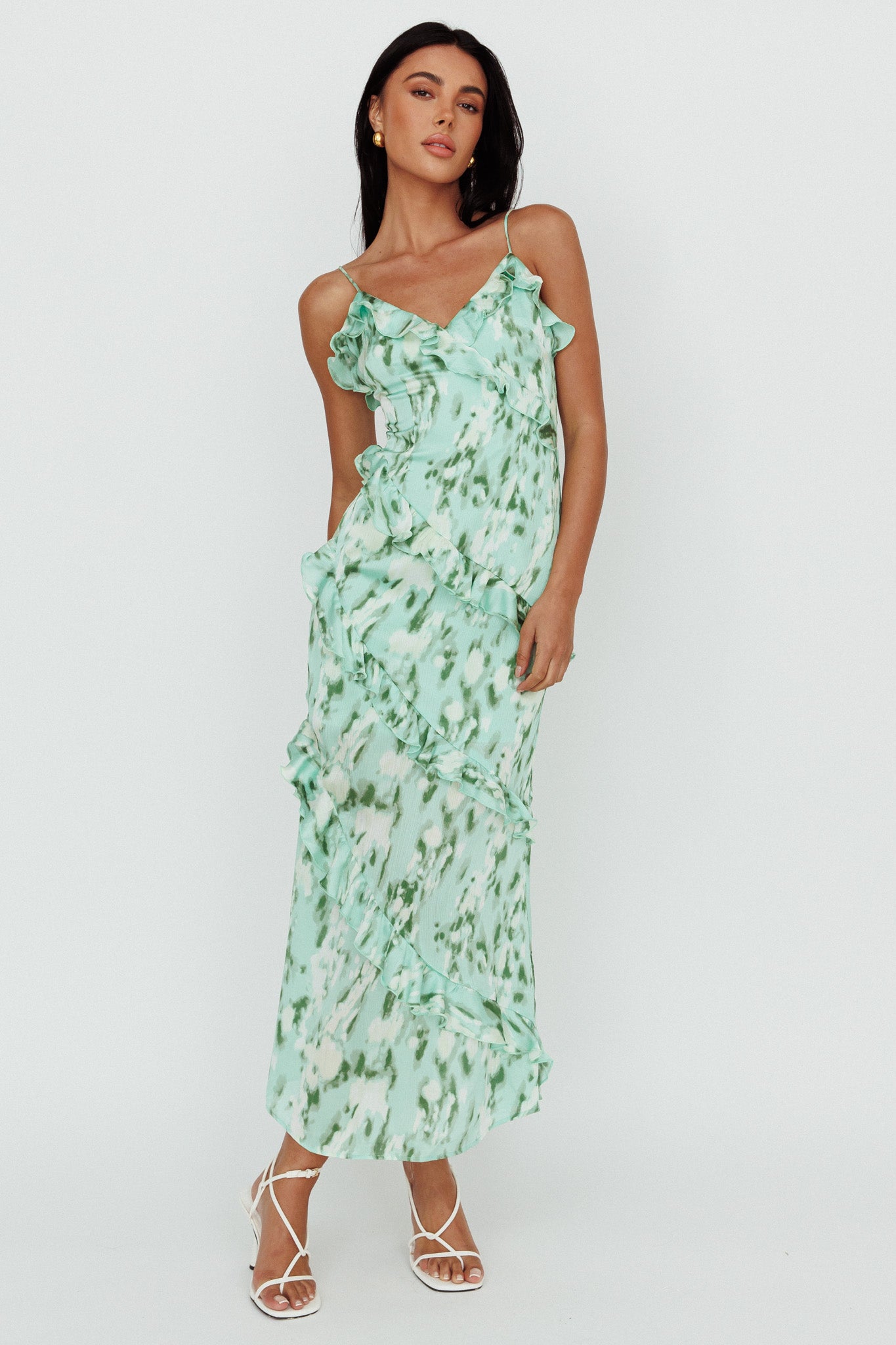 Silvana Frill Trim Midi Dress Print Green by Selfie Leslie Australia