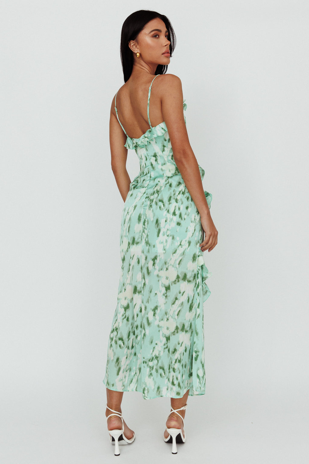 Silvana Frill Trim Midi Dress Print Green by Selfie Leslie Australia