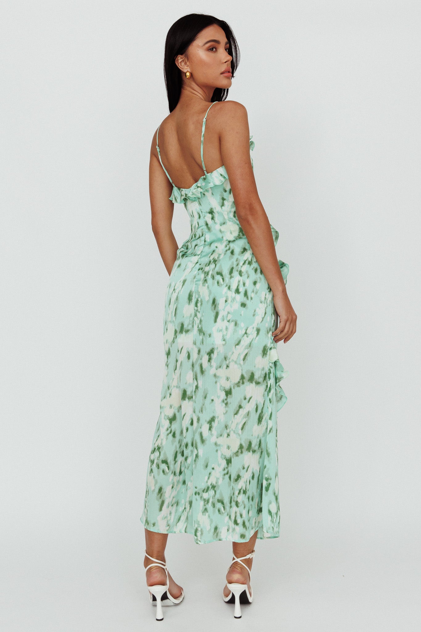 Silvana Frill Trim Midi Dress Print Green by Selfie Leslie Australia