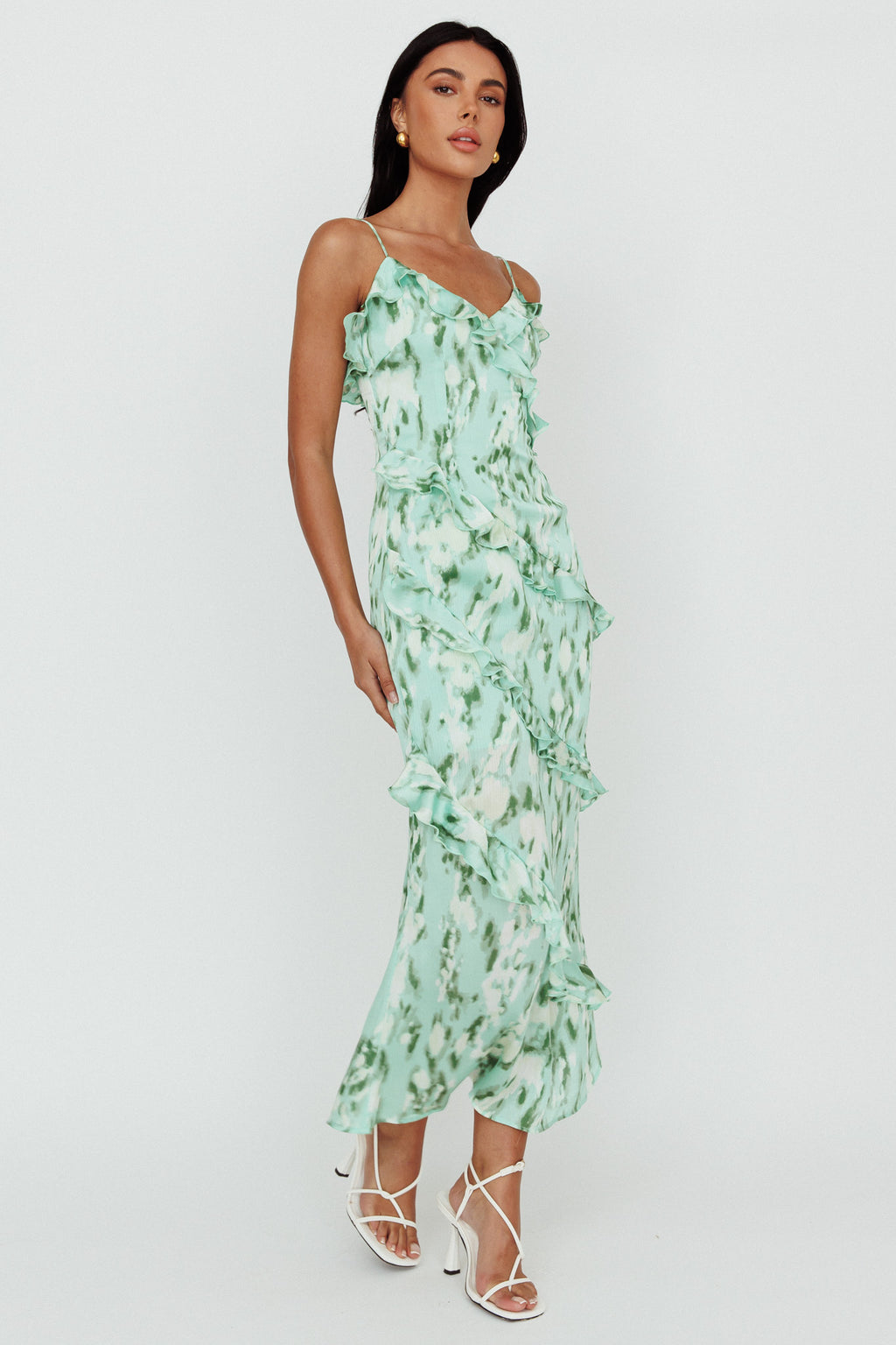 Silvana Frill Trim Midi Dress Print Green by Selfie Leslie Australia