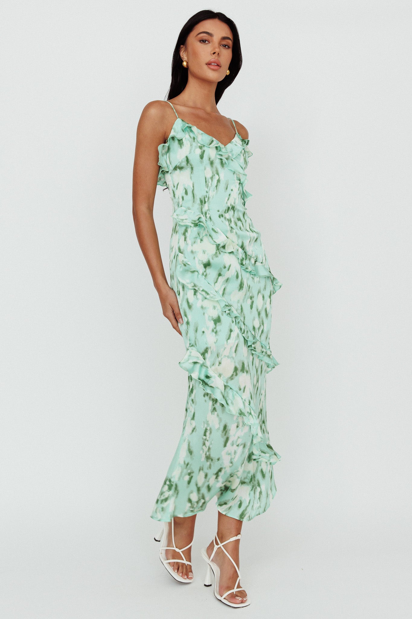 Silvana Frill Trim Midi Dress Print Green by Selfie Leslie Australia