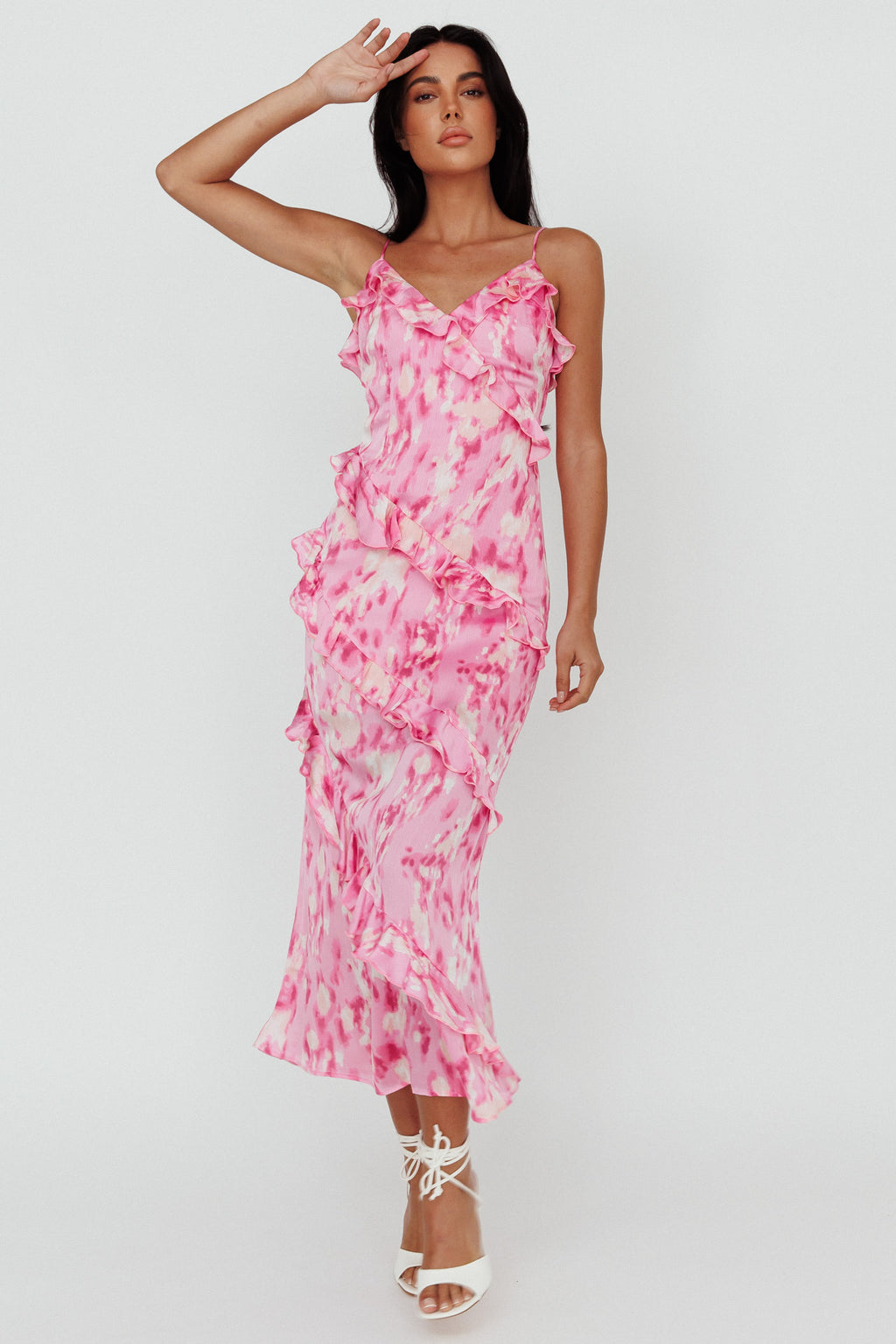 Silvana Frill Trim Midi Dress Print Pink by Selfie Leslie Australia