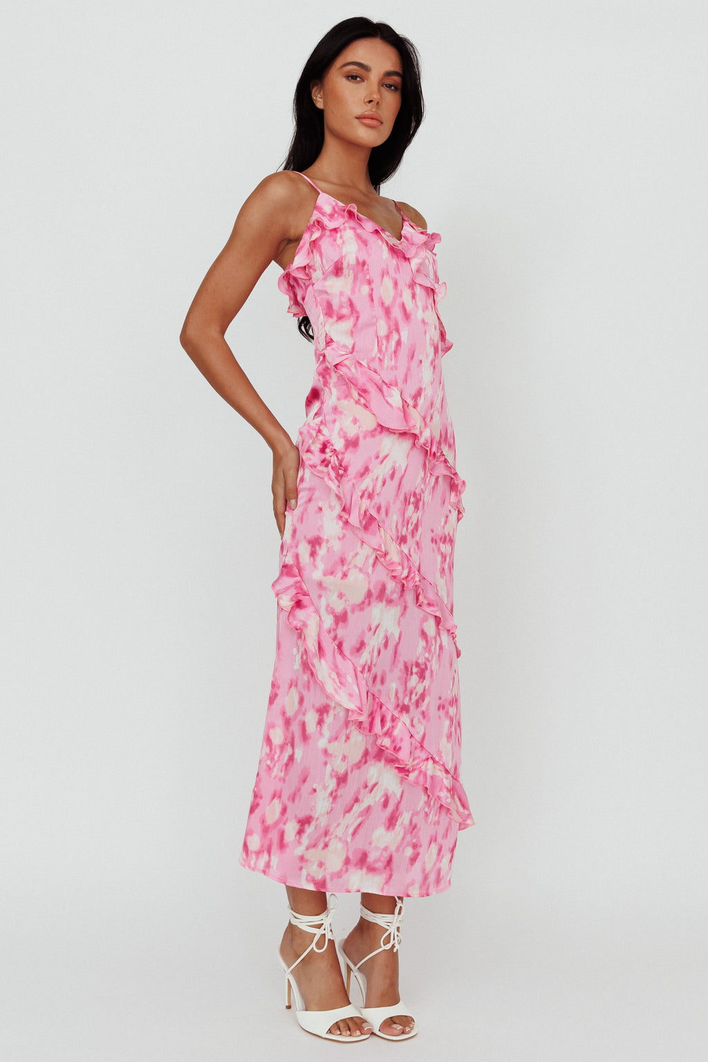 Silvana Frill Trim Midi Dress Print Pink by Selfie Leslie Australia