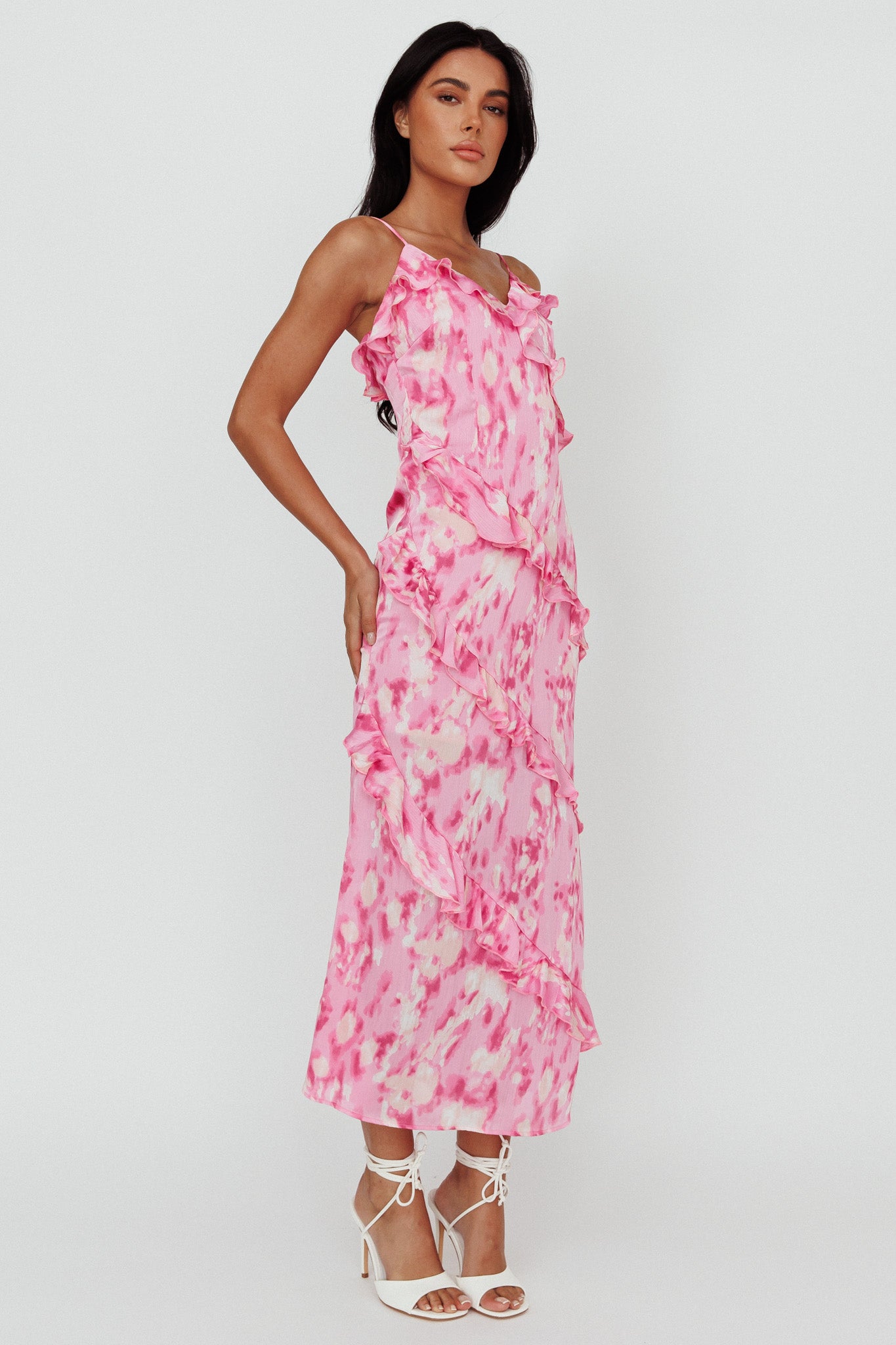 Silvana Frill Trim Midi Dress Print Pink by Selfie Leslie Australia