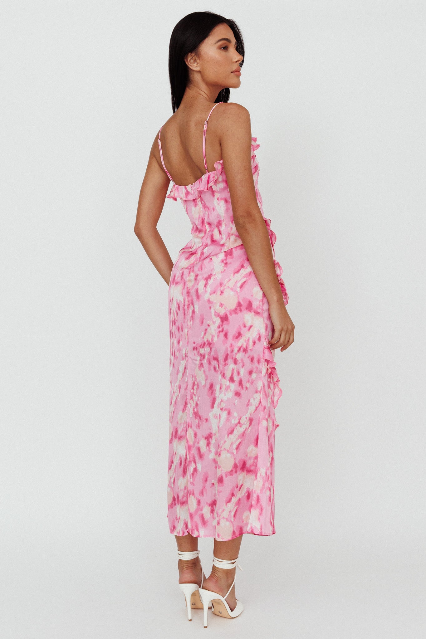 Silvana Frill Trim Midi Dress Print Pink by Selfie Leslie Australia