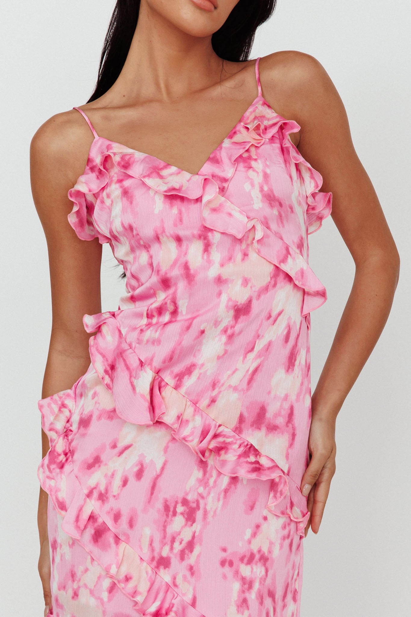 Silvana Frill Trim Midi Dress Print Pink by Selfie Leslie Australia