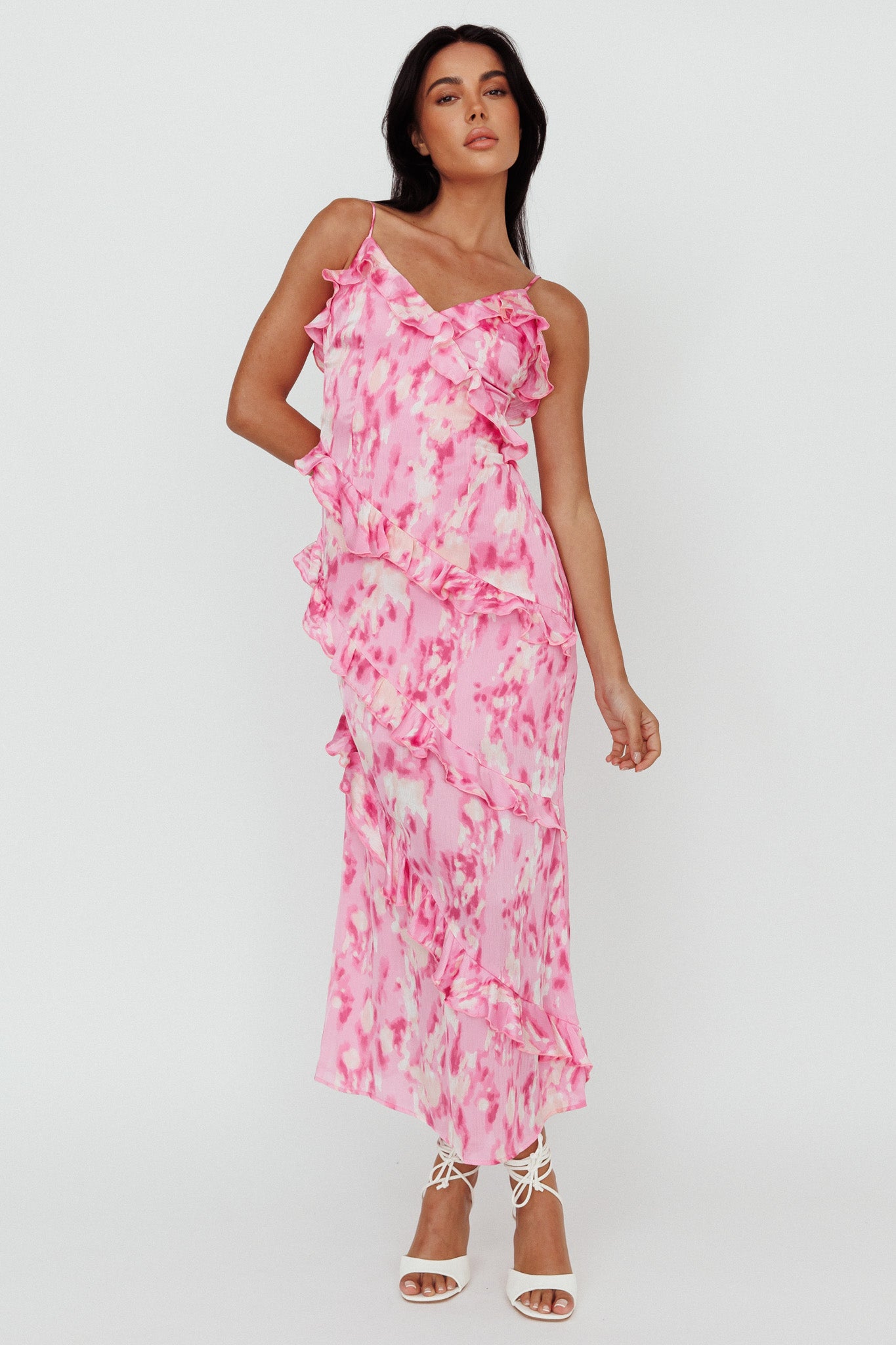 Silvana Frill Trim Midi Dress Print Pink by Selfie Leslie Australia