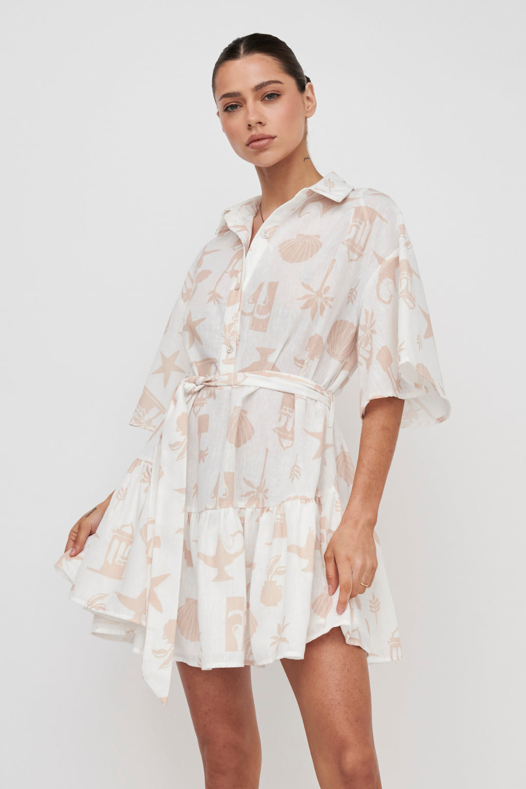 Day Trip Waist Tie Collared Dress Beige by Selfie Leslie Australia