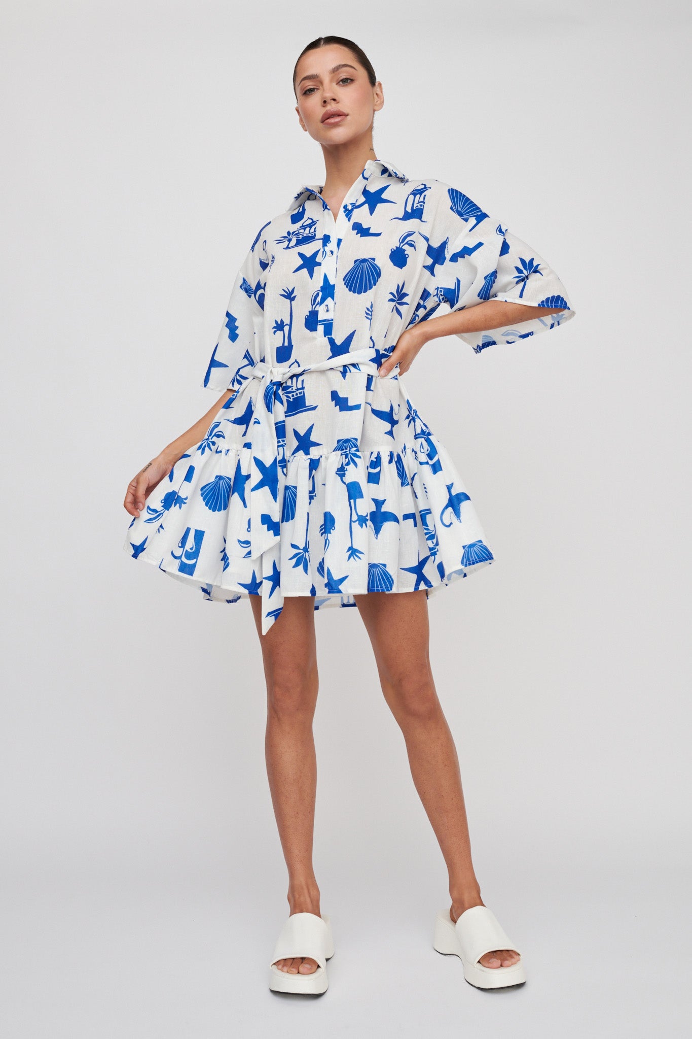 Day Trip Waist Tie Collared Dress Blue by Selfie Leslie Australia