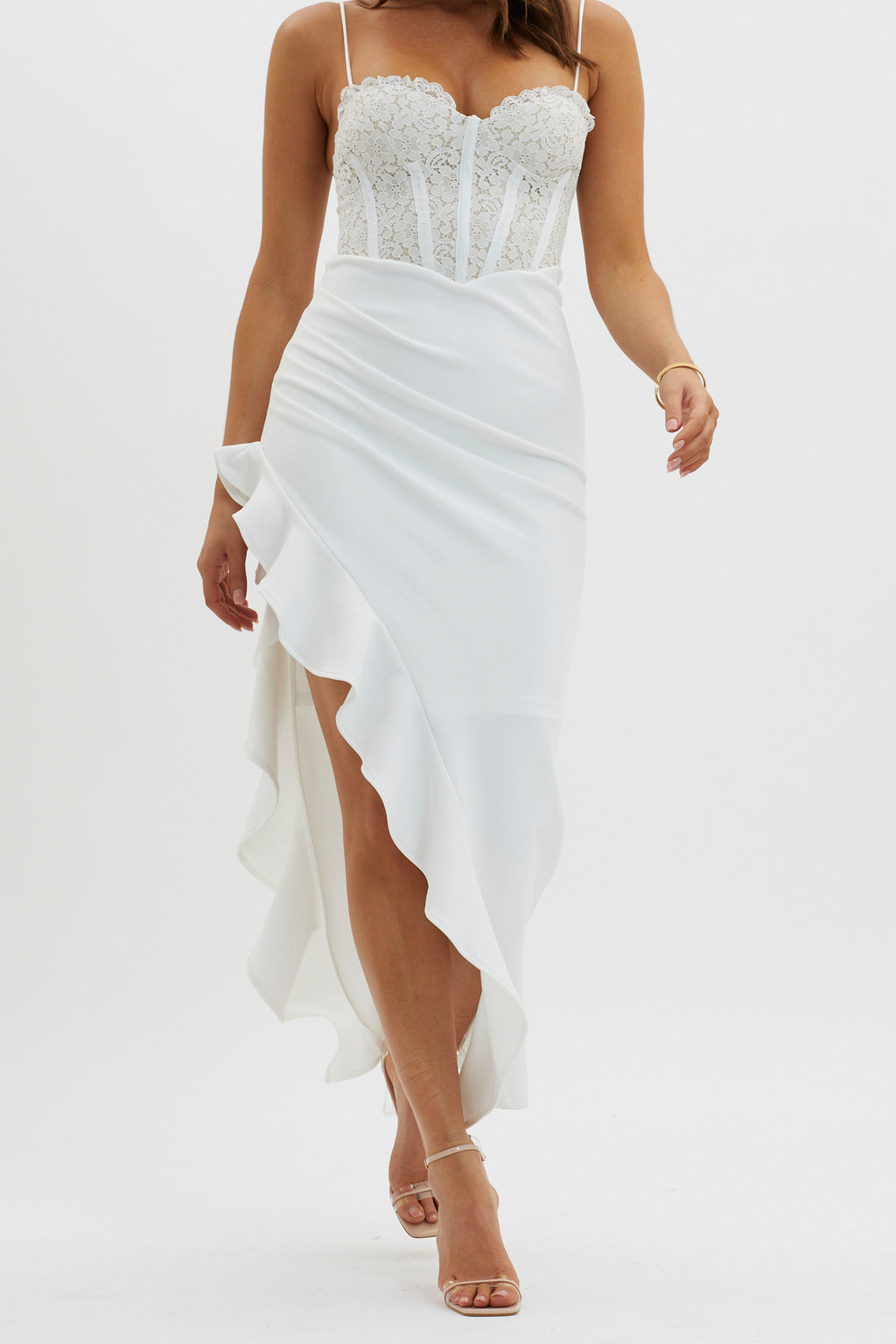 Doe Eyed Lace Bodice Split Dress White by Selfie Leslie Australia