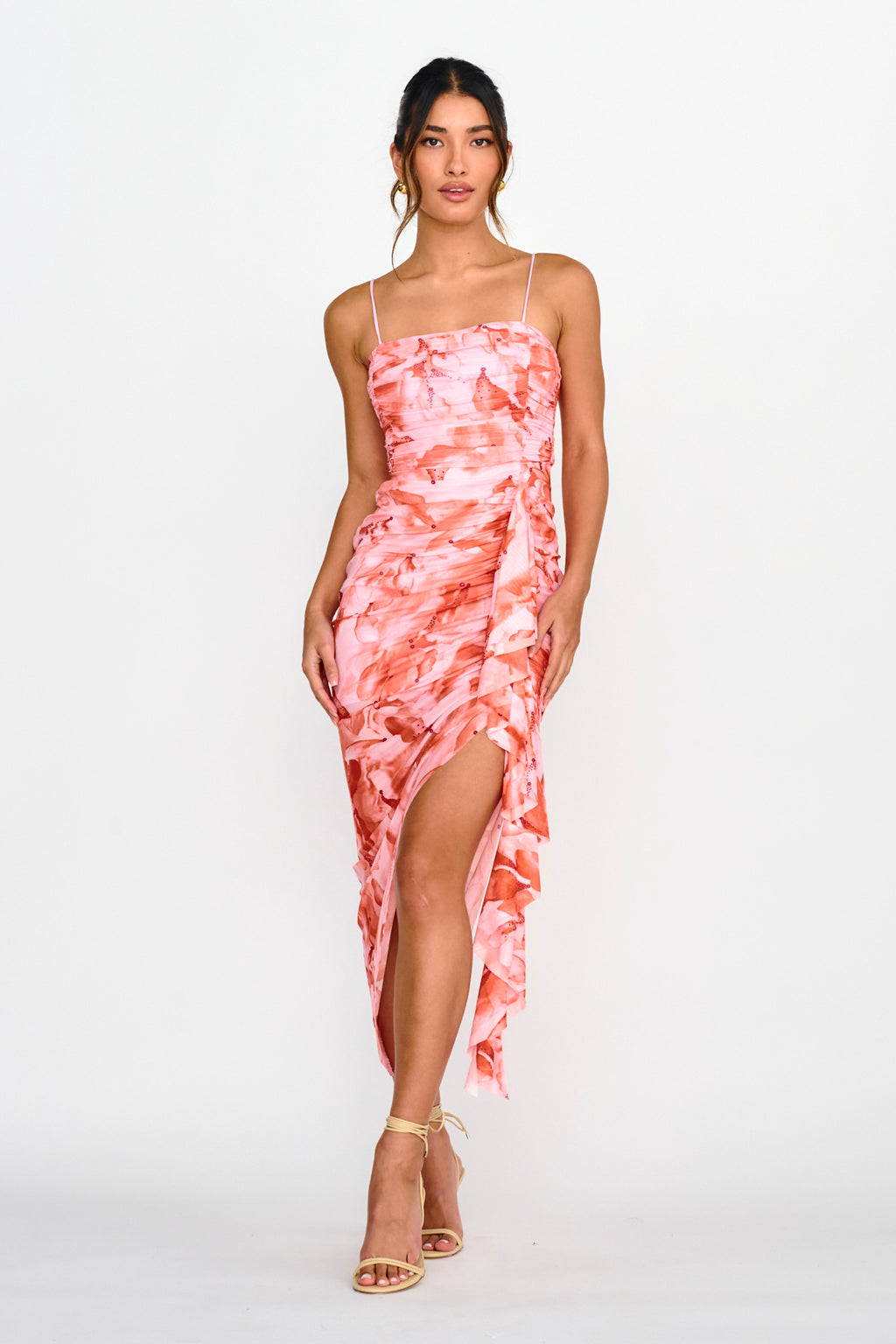 Your Destiny Ruched Asymmetrical Hem Dress Pink by Selfie Leslie Australia